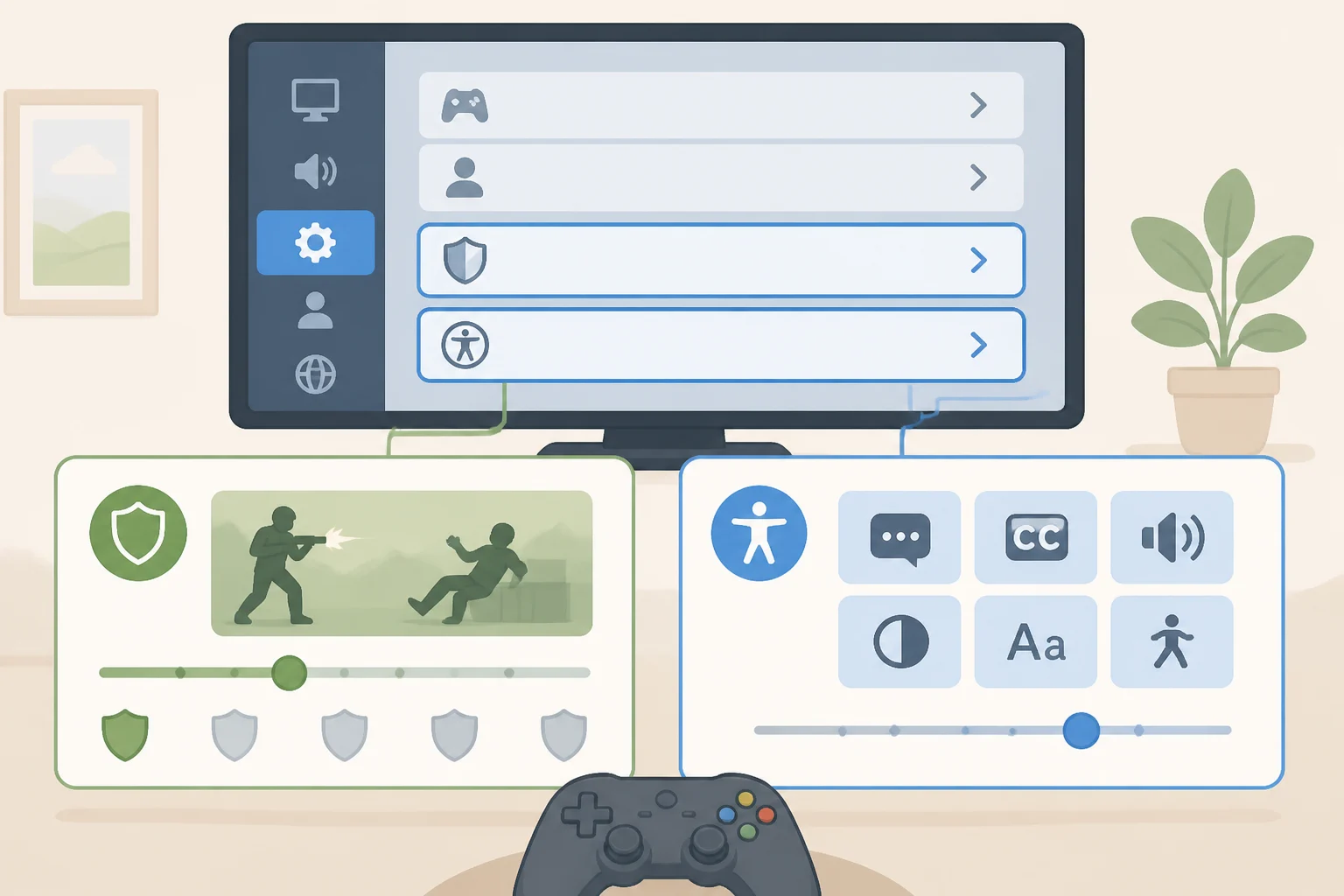 Illustration of PS5 settings panels for Marvel's Wolverine showing violence and adult-language toggles alongside accessibility options like high contrast and haptics