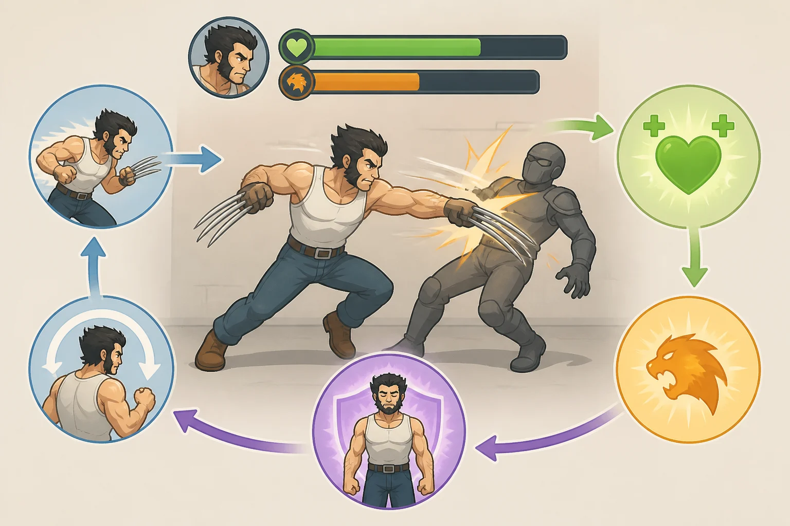 Screenshot-style illustration of Logan’s Rage tiers with a health regeneration moment tied to sustained aggressive combat