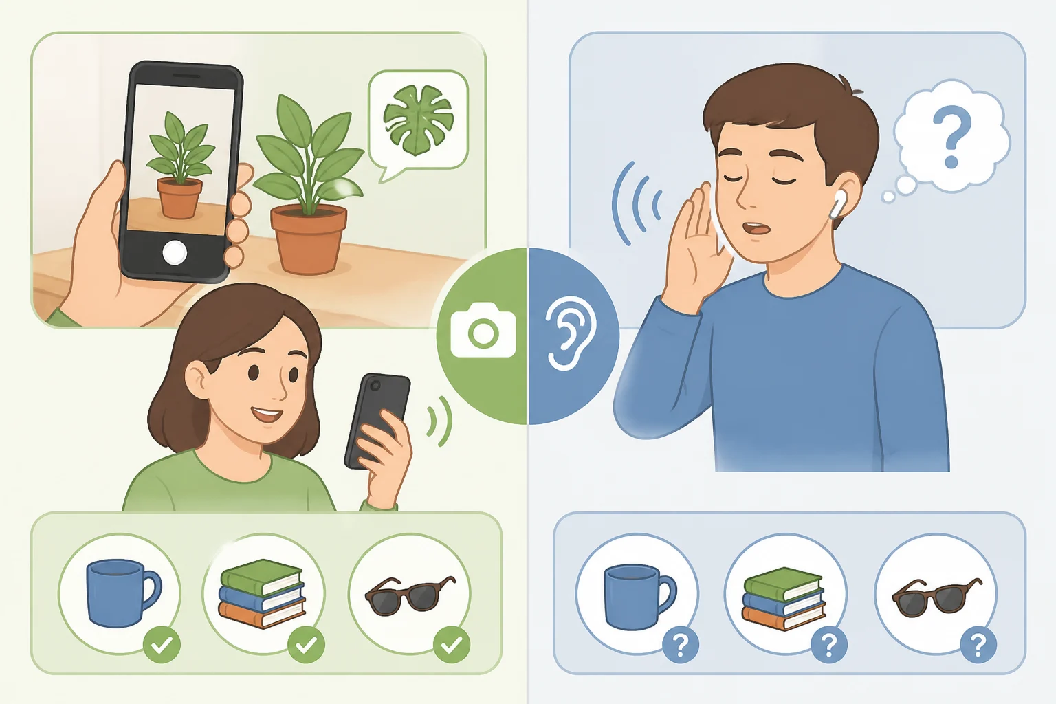 Comparison illustration showing how camera-equipped glasses can read labels and identify objects, while a camera-free Luna design relies on voice-first AI for non-visual tasks