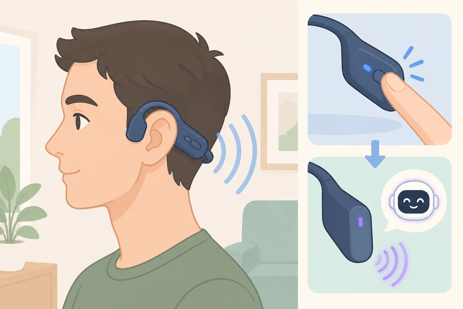 Close-up illustration of Meta Luna smart glasses with open-ear speakers and a side-mounted button for quick Meta AI activation