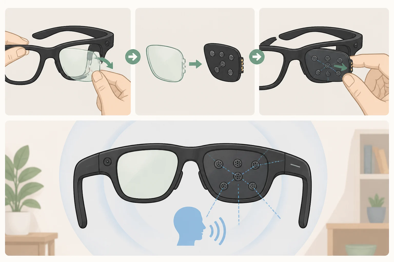 Meta camera-free smart glasses concept showing a frame with six microphones and no camera lens, paired with a side button for voice-first Meta AI control