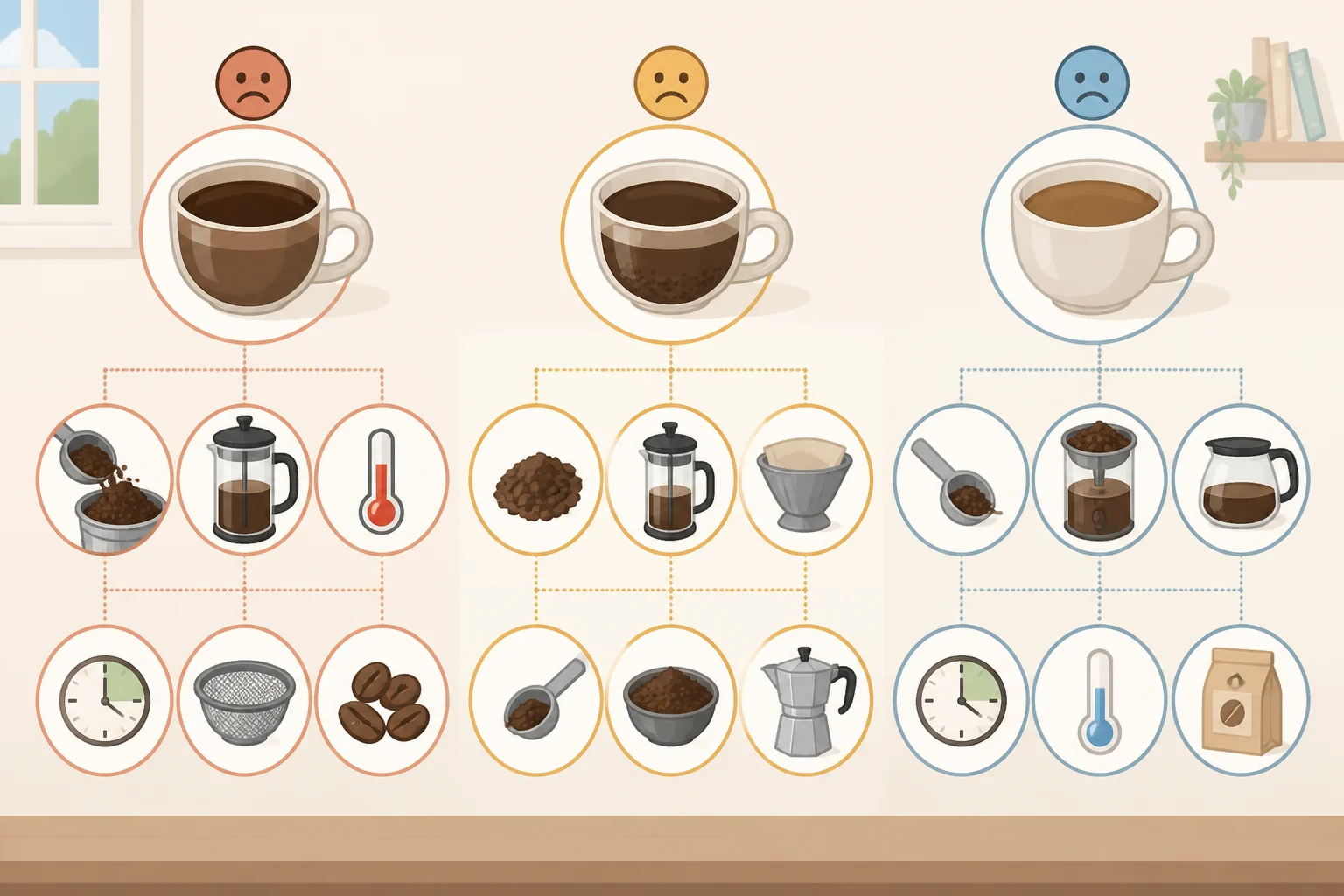 Diagram-style illustration showing a cup of bitter cowboy coffee versus a gritty sediment-heavy cup versus a thin weak cup, each linked to the most likely fix (temperature/time/dose, grind/rest/pour, or grounds ratio)
