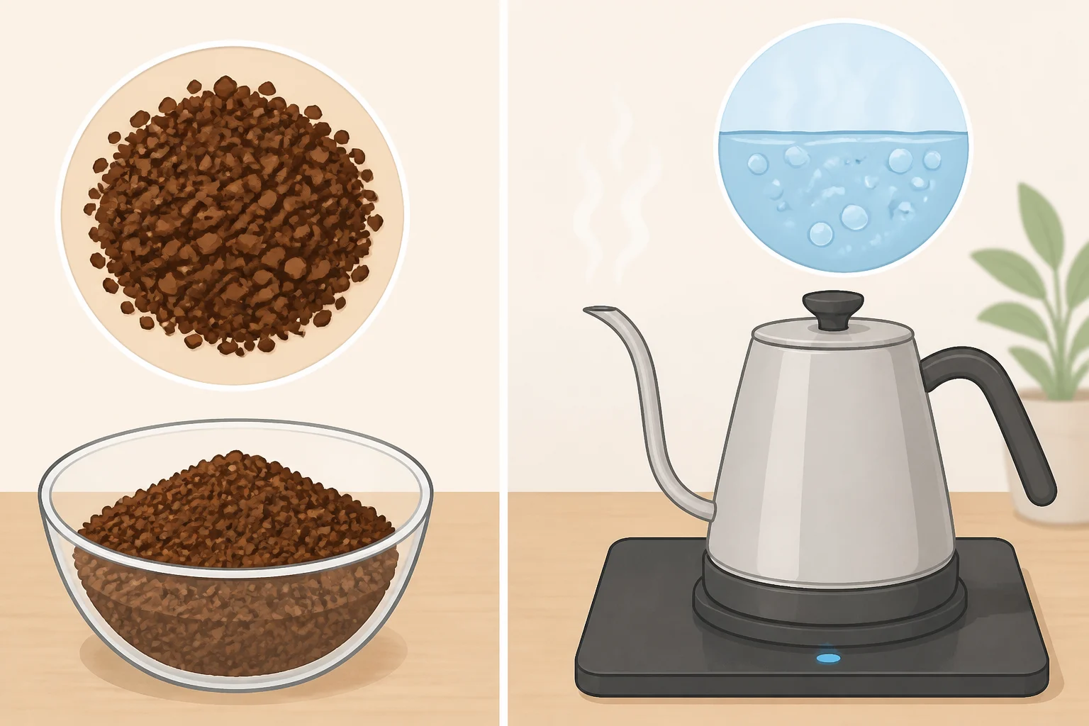 Close-up of coarse coffee grounds measured for how to make cowboy coffee, with a pot of water just off the boil ready for four-minute immersion without a paper filter
