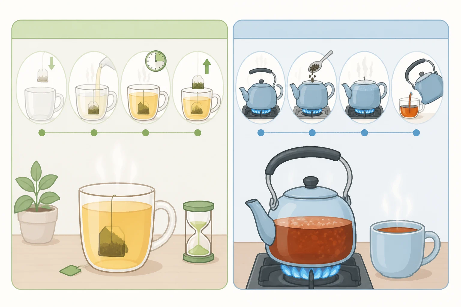 Side-by-side illustration comparing the guide's four-minute off-heat steep and rest with a trail-style recipe that brings grounds to a boil and keeps them boiling for 10–12 minutes