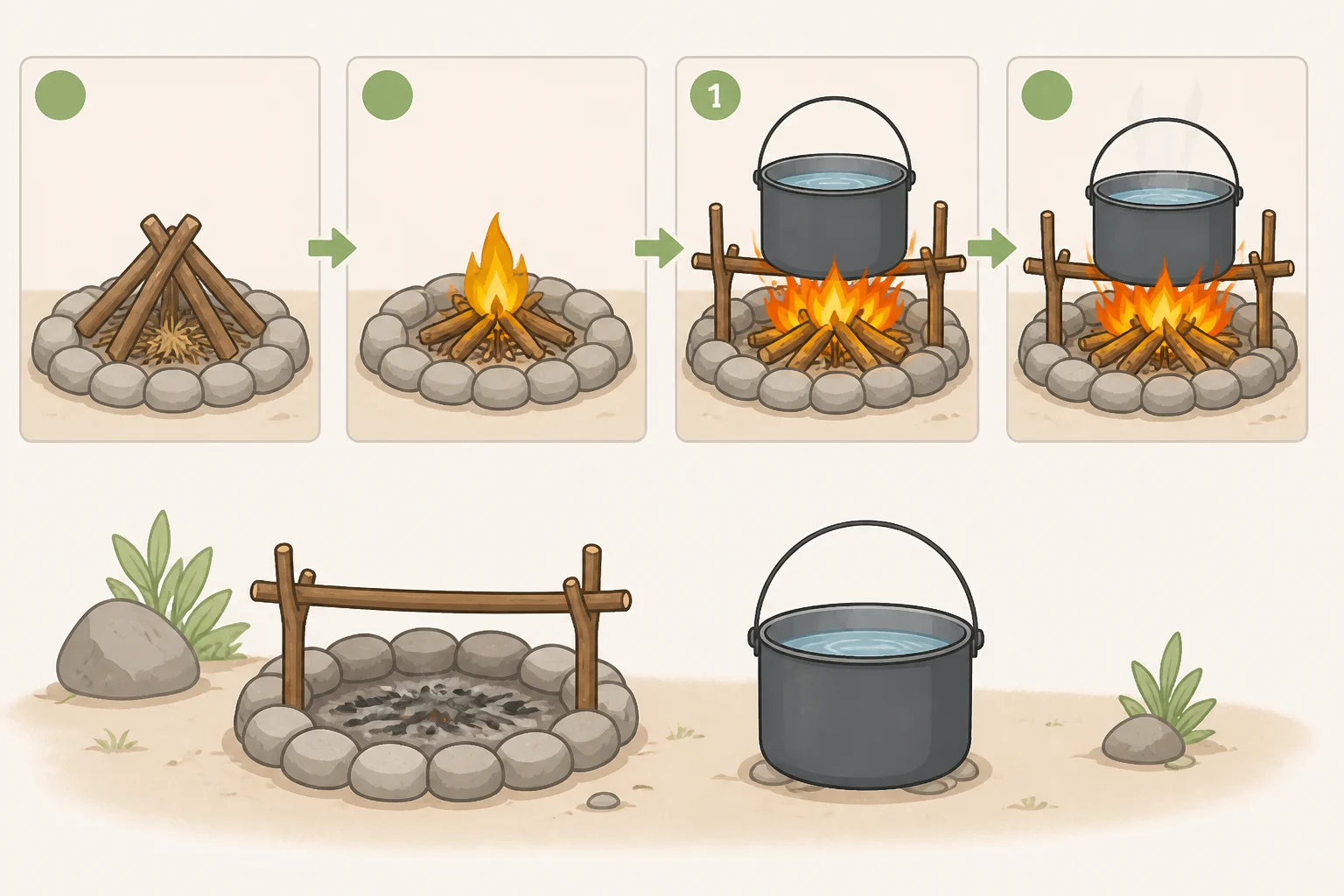 Illustration of a cowboy coffee pot sitting on packed dirt or a rock after being pulled off a campfire flame for the off-heat temperature window