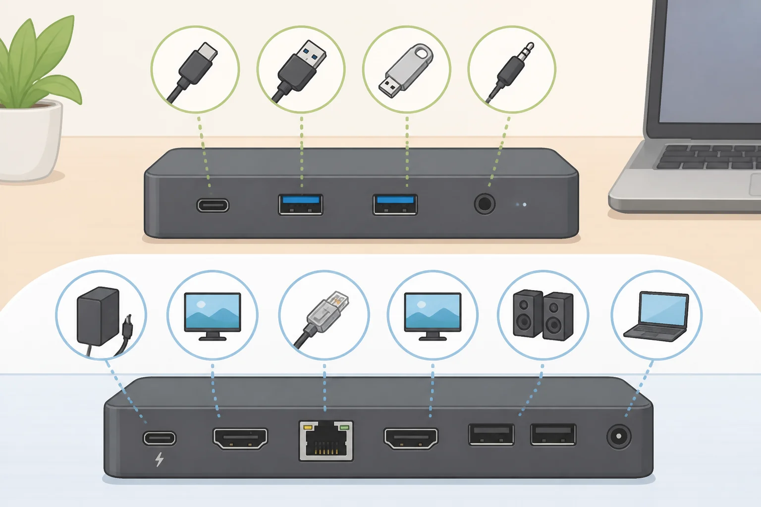 Top-and-rear layout illustration of the Anker Nano hub showing the front USB-C data port and card readers, rear display outputs, Ethernet, USB-A ports, and the 100W PD-IN connection