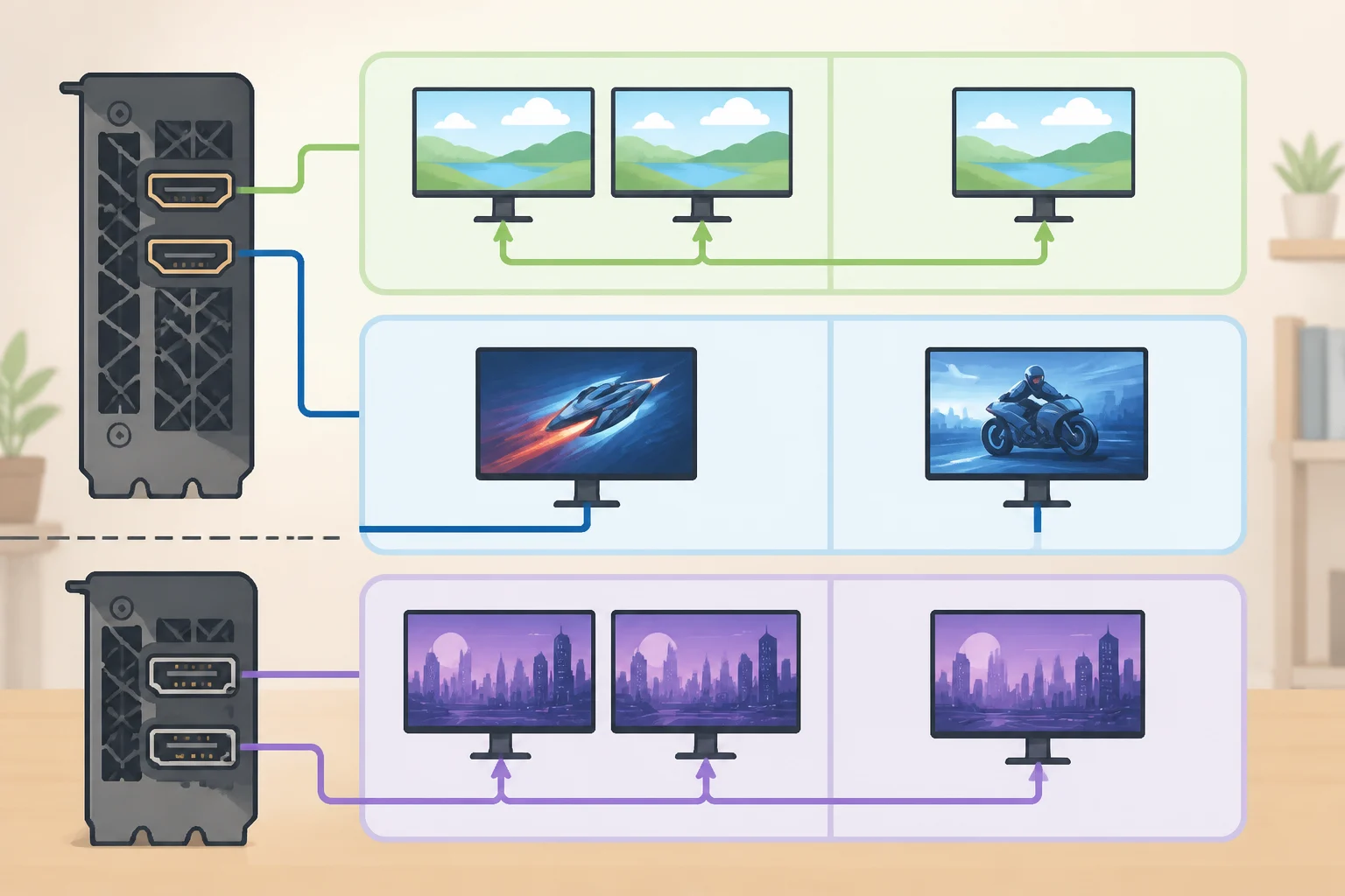 Diagram of the Anker Nano 10-in-1 Smart Display Hub’s HDMI 2.1 and DisplayPort 1.4 connections showing supported dual 4K/60Hz, single 4K/144Hz or 2K/240Hz, and dual 1440p/240Hz host requirements