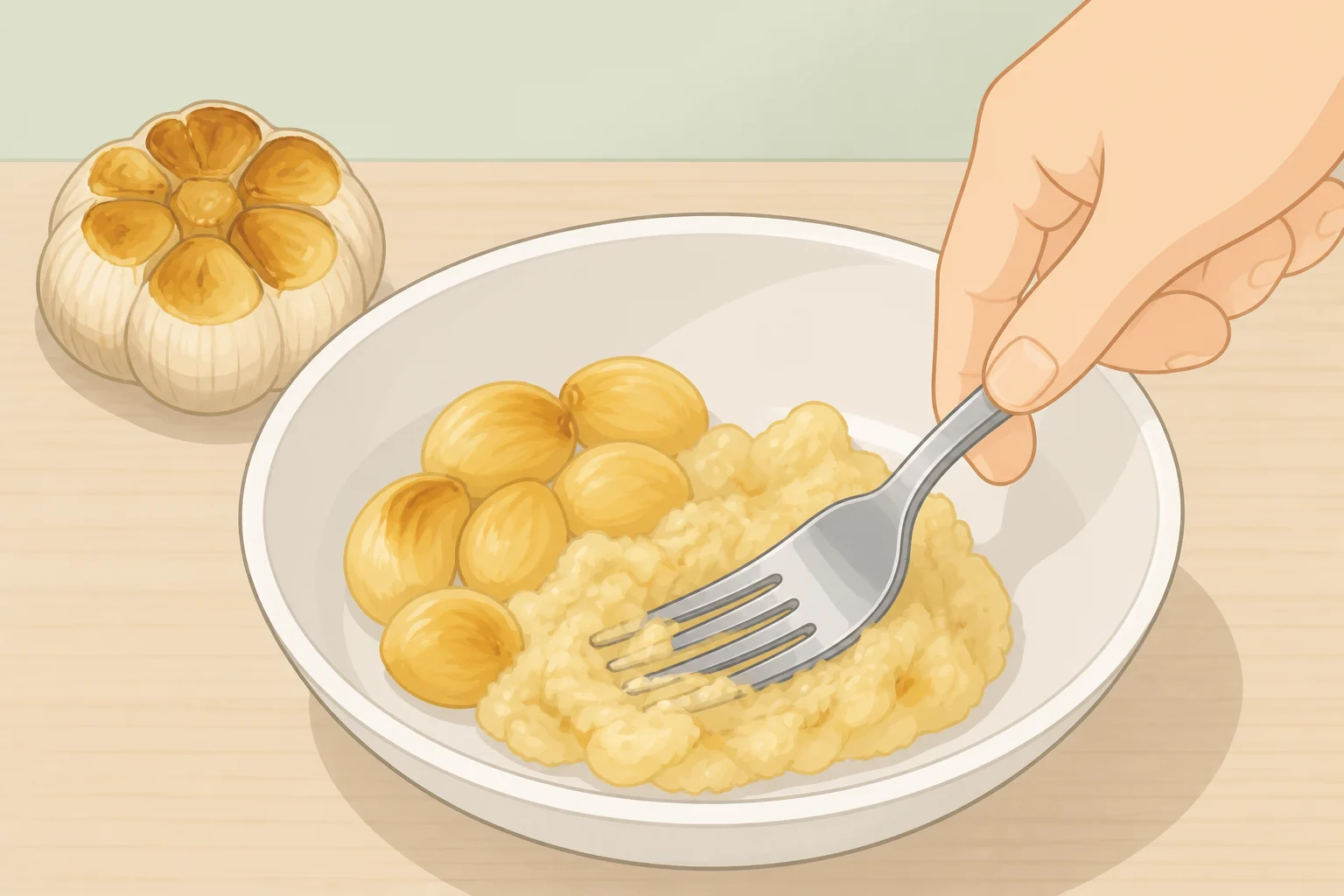 Roasted garlic cloves cooled and mashed with a fork after roasting for a no-knead garlic rolls recipe