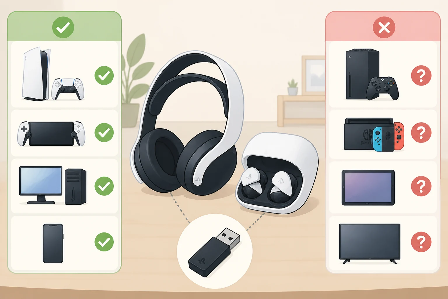 Checklist illustration separating verified connection setup (Portal direct, PS5/PC/Mac via USB adapter, Link plus Bluetooth) from unquantified PlayStation Link lossless low-latency specs and current pricing unknowns