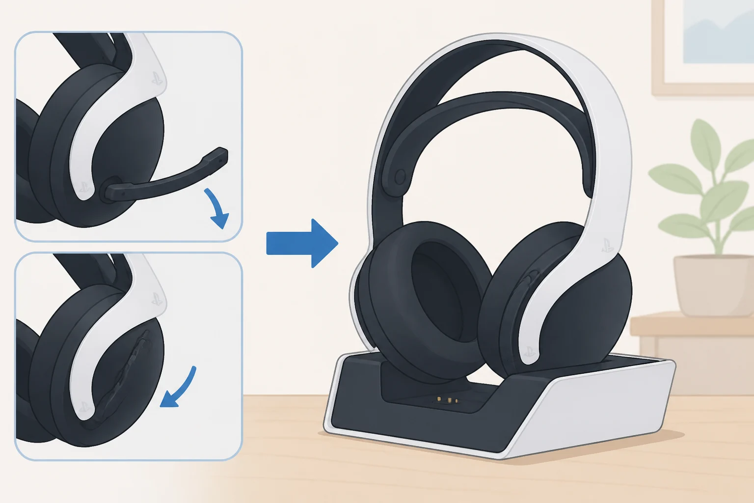 Illustration of the PS5 Pulse Elite headset with a retractable boom mic and the included desk or wall charging hanger shown in use