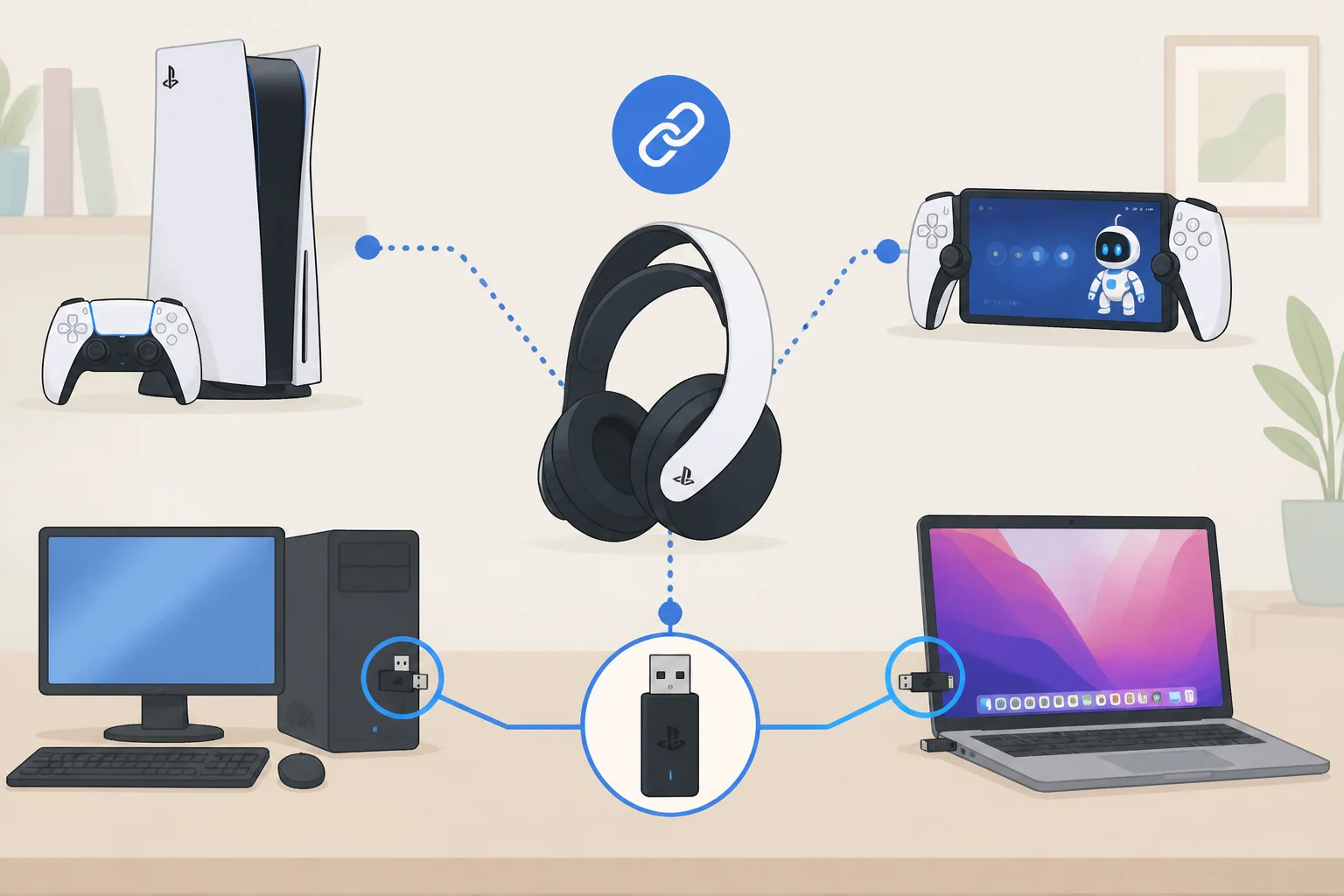 Diagram illustrating PlayStation Link pairing for PS5, Portal, PC, and Mac with a bundled USB adapter for PS5/PC/Mac and direct connection for PlayStation Portal
