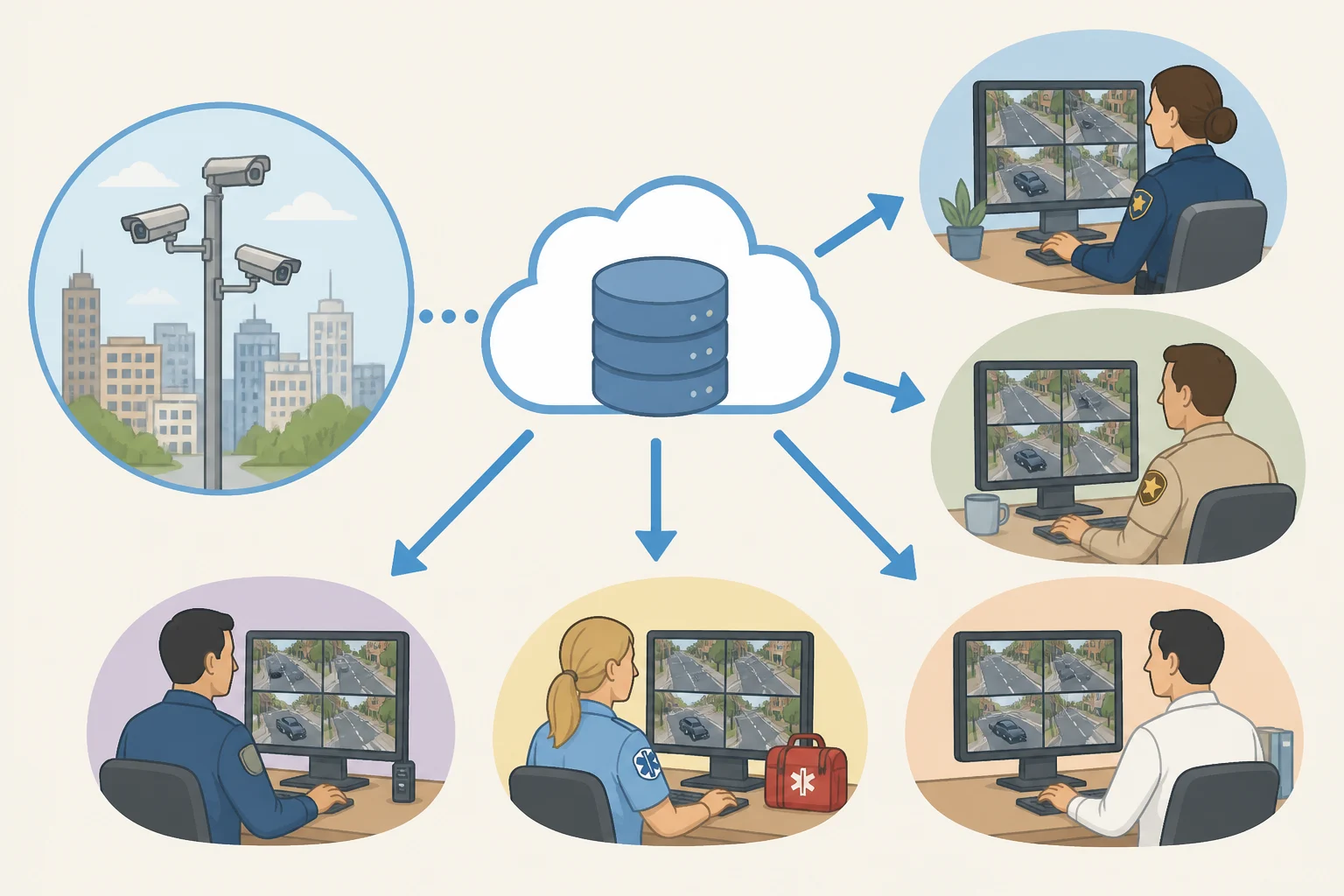 A map-and-dashboard illustration showing multiple agencies searching a shared ALPR database, including cross-agency queries into records from a single town’s Flock camera network