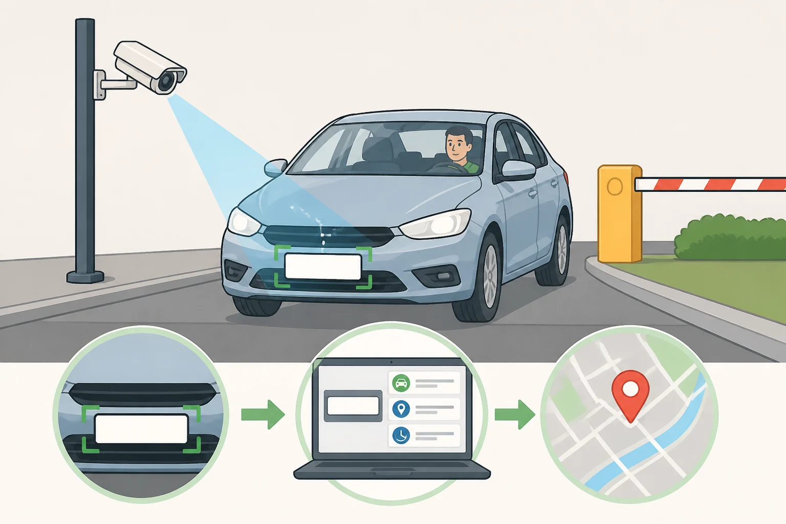 An automated license plate reader (ALPR) camera capturing a passing car and displaying logged plate number, make, model, color, timestamp, and location as Flock Safety camera privacy concerns mount
