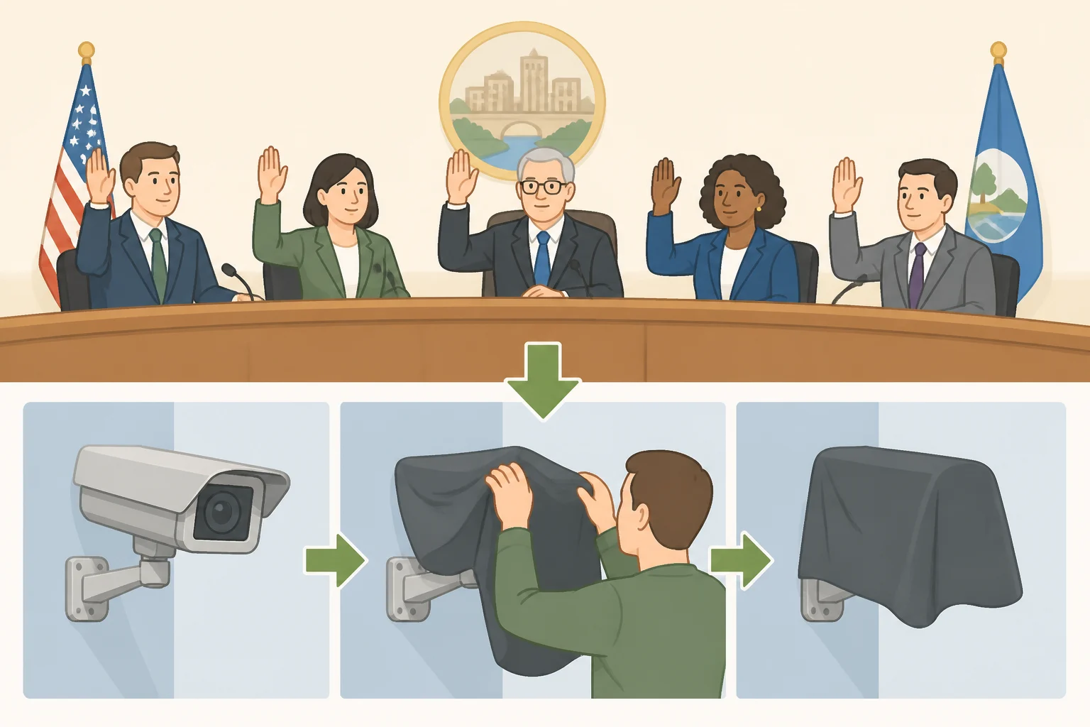 A city council chamber scene where local leaders vote to shut off and cover Flock ALPR cameras, with a judge’s ruling document and policy question notes visible in the background