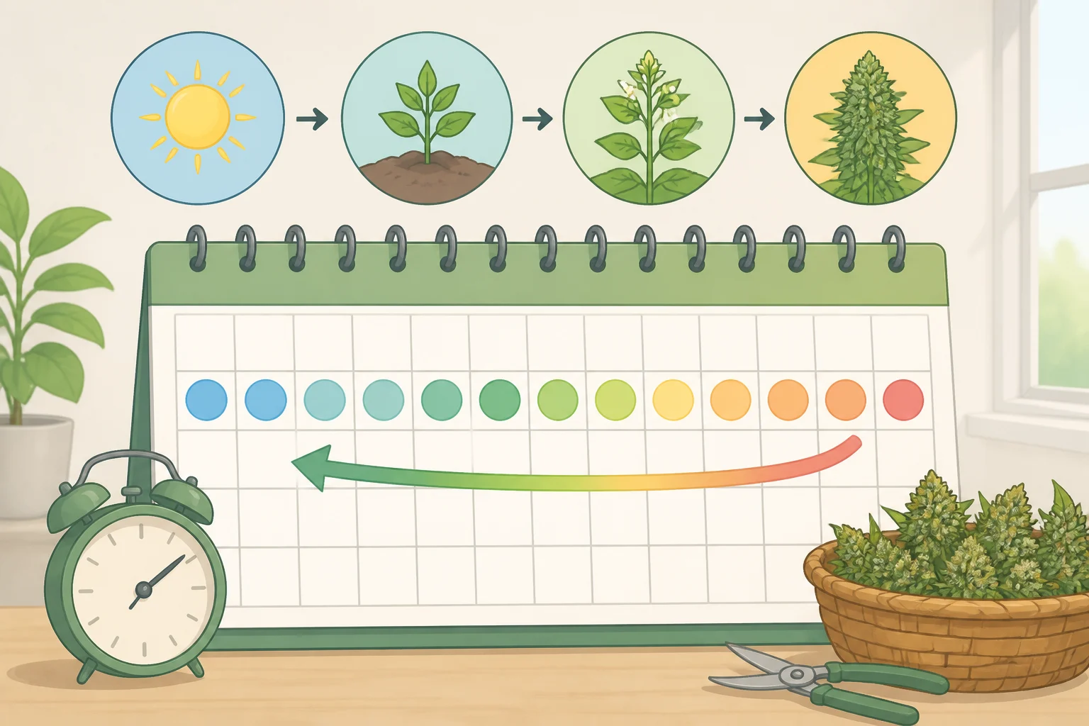 Diagram showing fall gardening tips for planting by daylight: counting back from a 10-hour daylight cutoff based on days to maturity on seed packets