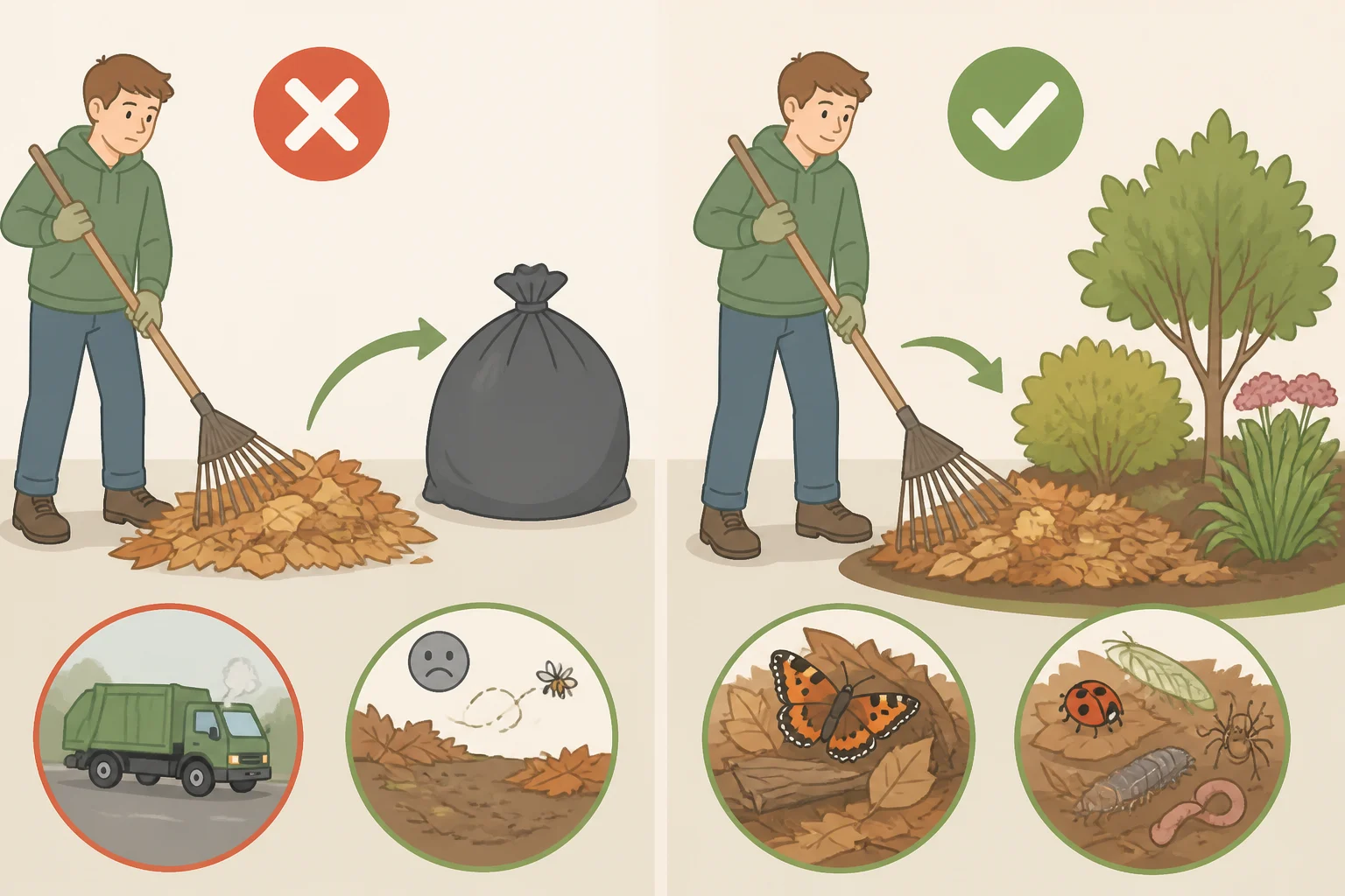 Illustration showing leaves raked into garden beds and under shrubs to preserve overwintering habitat rather than bagging them for disposal