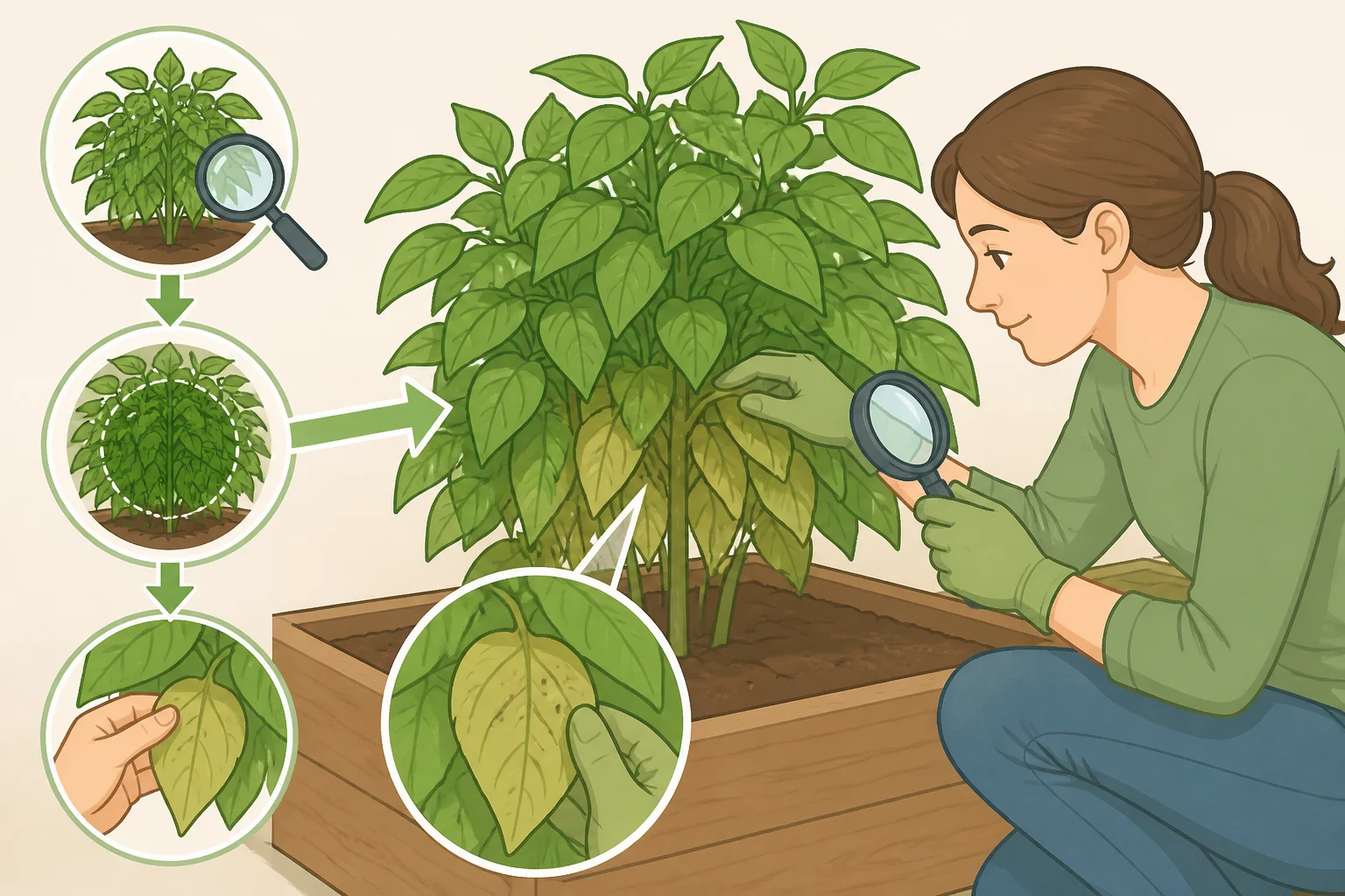Illustration of a gardener scouting weekly by checking the oldest lower leaves and the densest canopy area for early leaf-spot symptoms