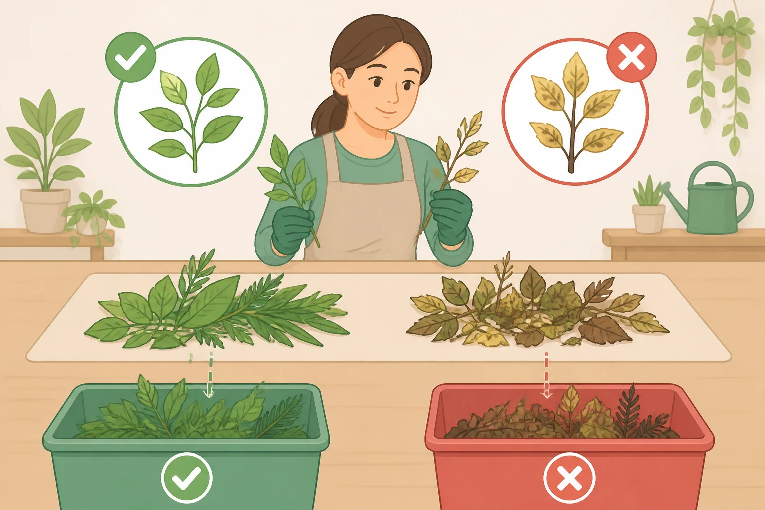 Illustration of a fall garden triage checklist that separates healthy leaf litter and intact stems to leave from diseased crop residue to remove