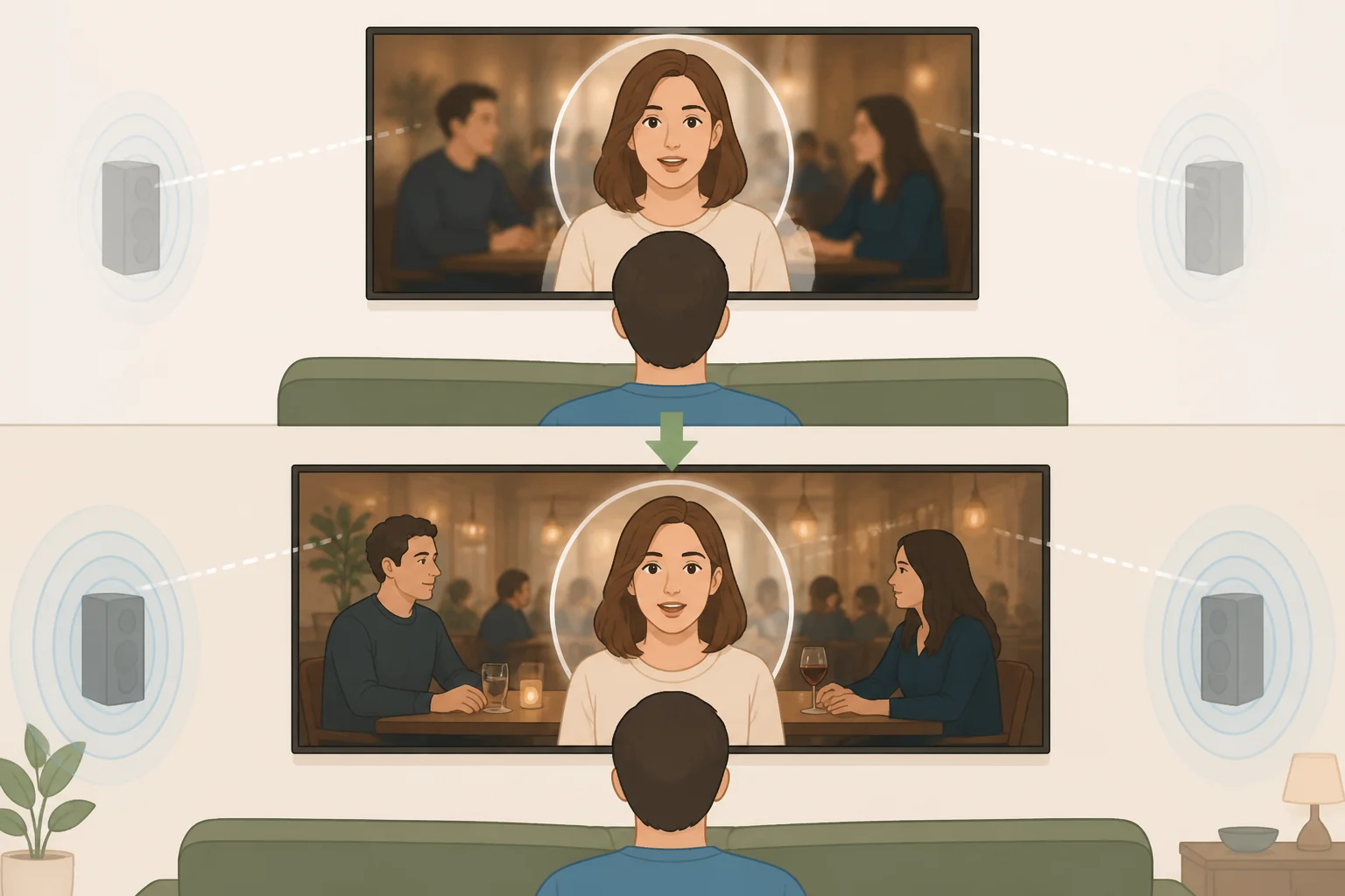 Illustration of Bose Ultra Open Earbuds 2nd Gen Cinema Mode using TrueSpatial head-tracking to widen the soundstage and keep dialogue centered