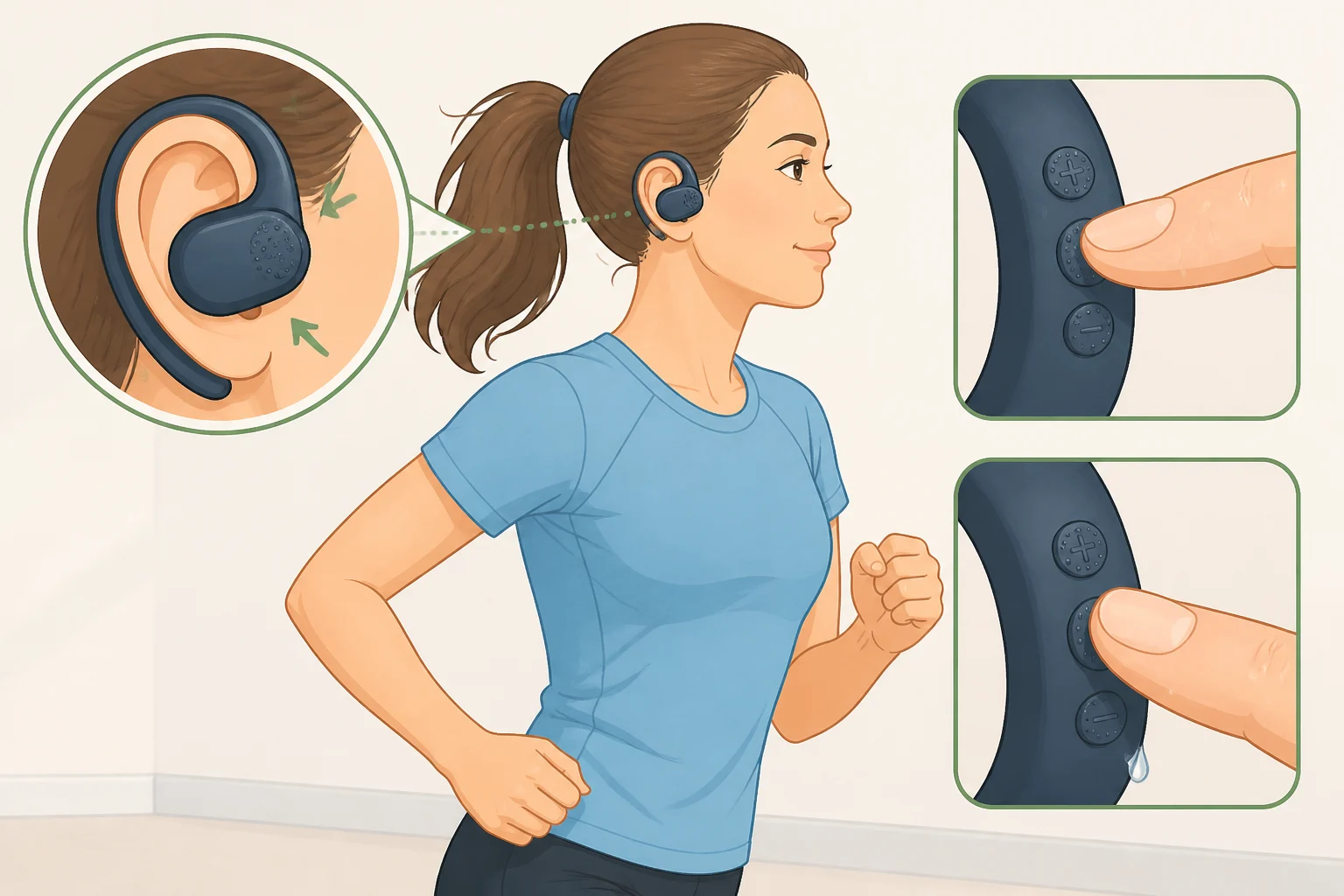 Illustration of Bose Sport open-ear earbuds with a C-shaped soft-silicone cuff holding steady during running, plus textured physical buttons for control