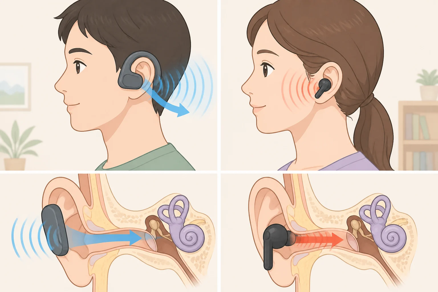 Diagram comparing open-ear sound projection to sealed in-ear earbuds, showing traffic and announcements remaining audible
