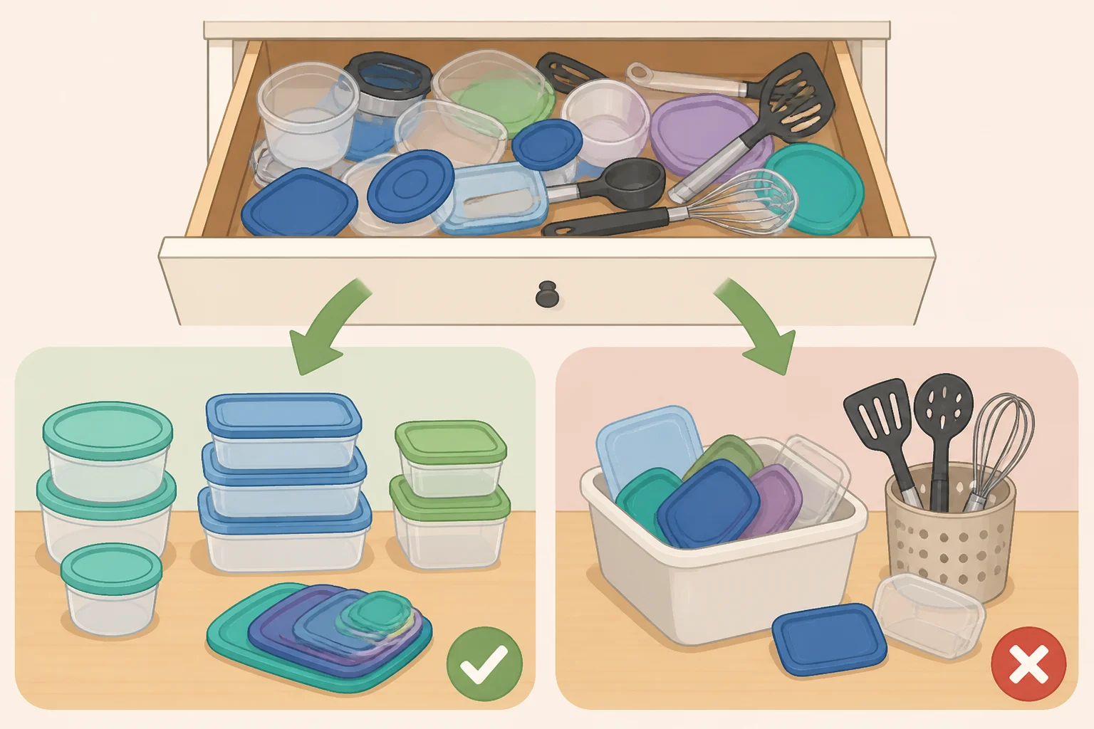Illustration of a kitchen utensil and container drawer being sorted, with matched lids and containers separated from orphaned pieces for decluttering