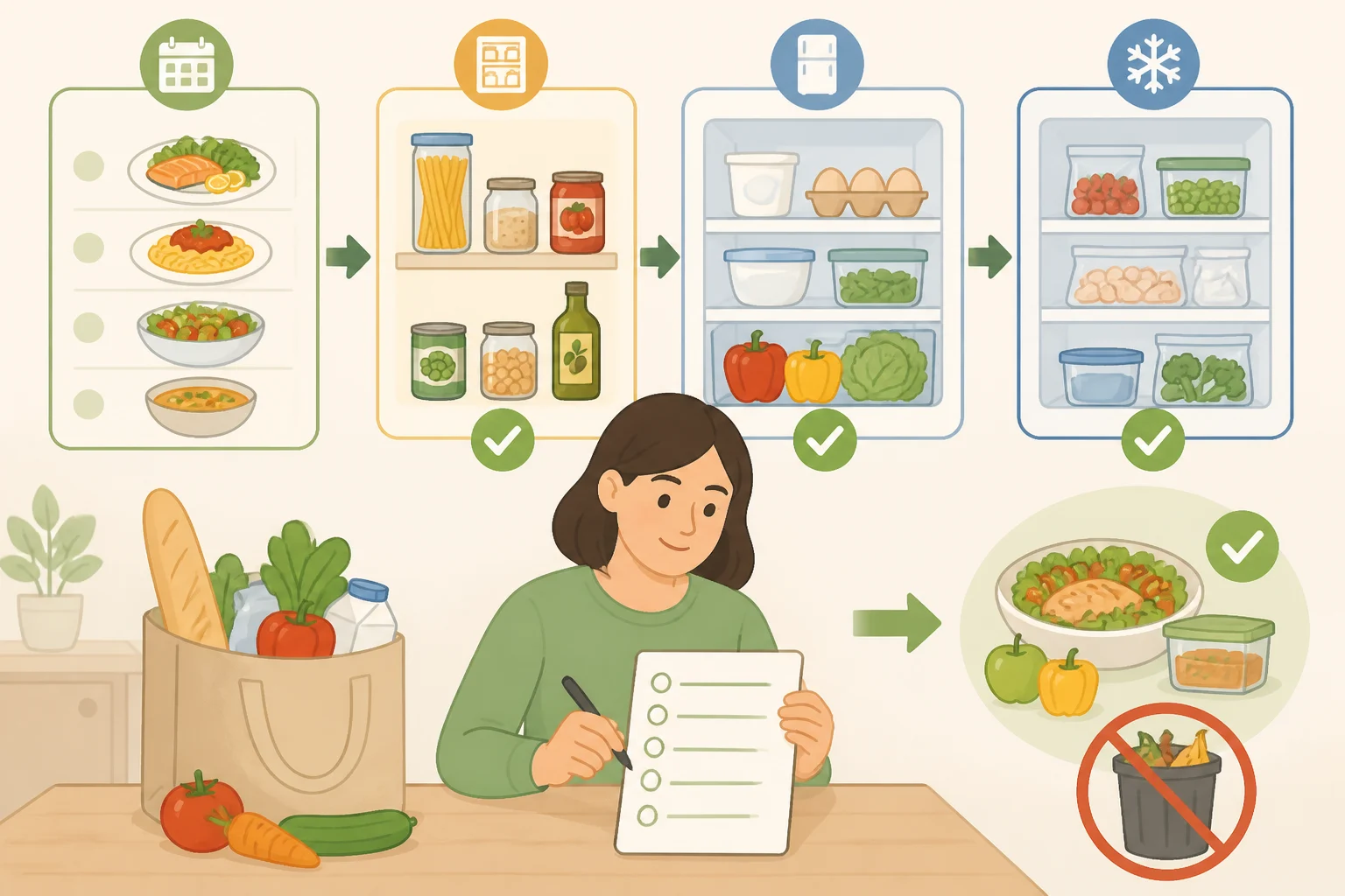Illustration of a meal plan and shopping list created after checking the fridge, freezer, and pantry, showing ingredients you already have to avoid buying duplicate items