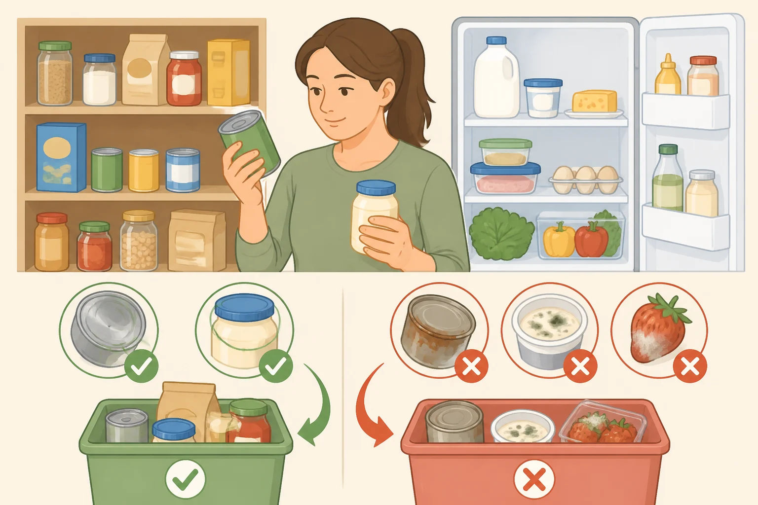 Illustration of a person checking pantry spices and fridge condiments for lost aroma and spoilage cues, then applying labels with contents and dates to leftovers