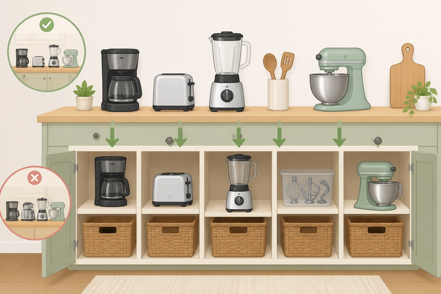Illustration of a kitchen counter setup with a few frequently used appliances having fixed homes and an overhead cabinet for easy put-away, supporting how to declutter your kitchen by keeping counters clear