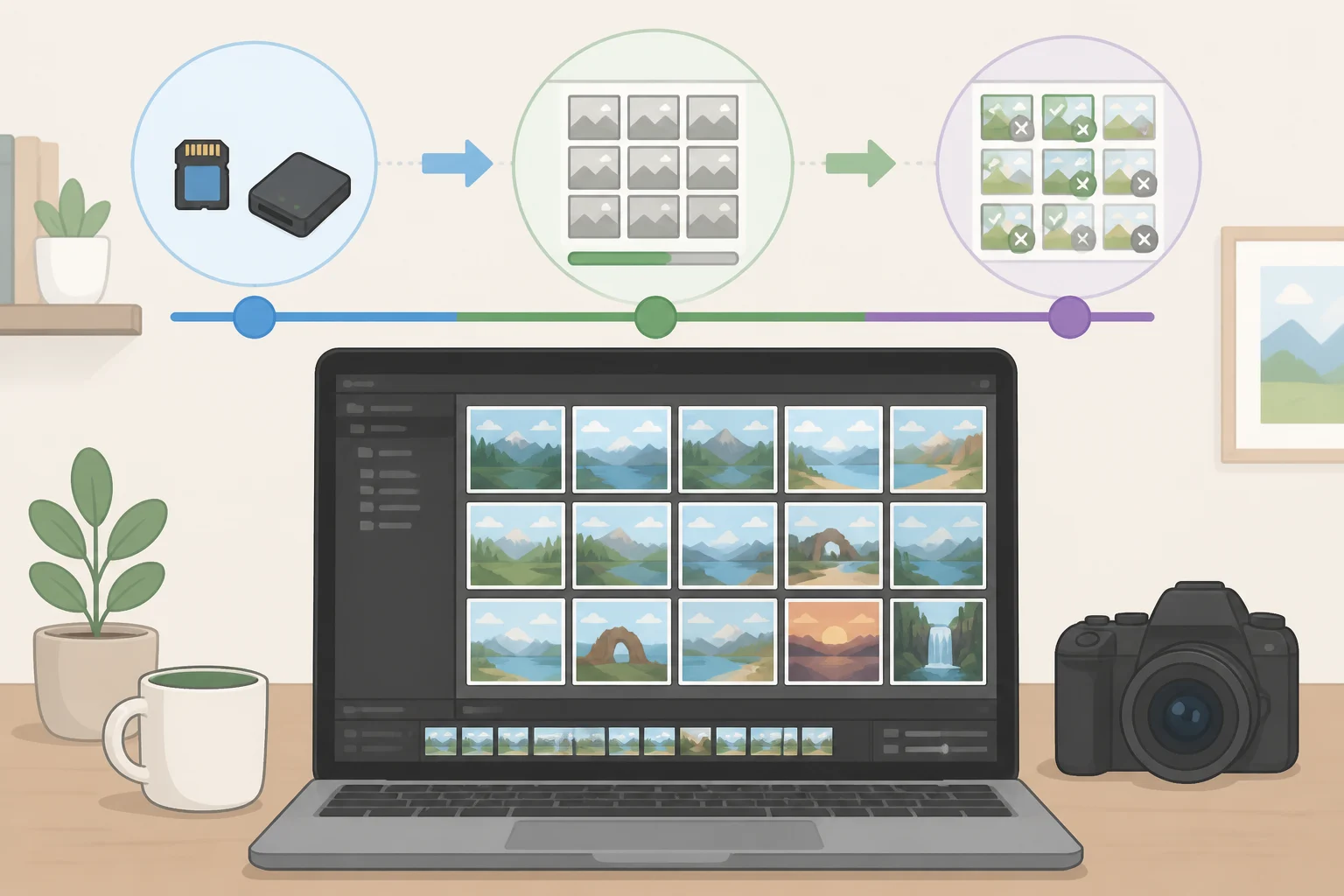 Illustration of Lightroom Classic’s import workflow where 1:1 previews render in the background before you can efficiently cull and review frames