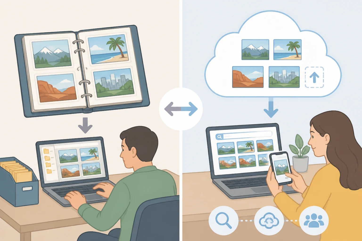 Split-screen diagram comparing Adobe Lightroom Classic’s local catalog database (non-destructive edits, metadata, multi-catalog separation) to cloud Lightroom sync and semantic search—Adobe Lightroom Classic review context