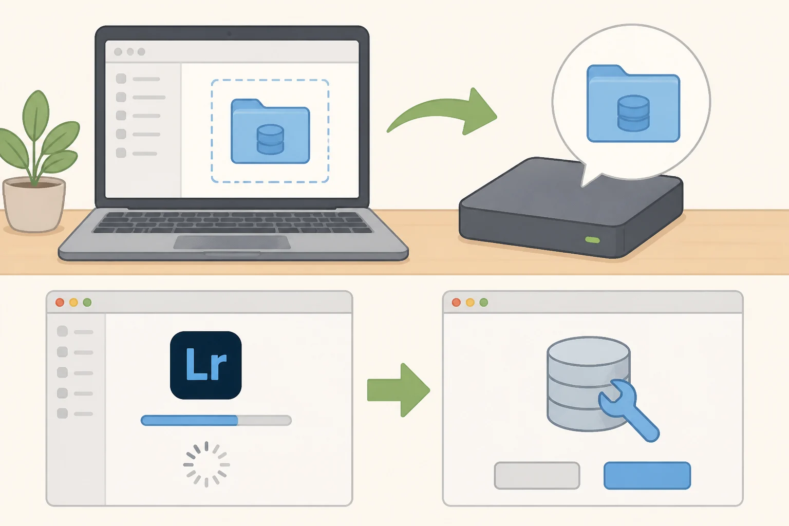 Illustration of Lightroom Classic update safety steps: backing up the catalog (.lrcat) and .lrcat-data folder, then using startup checks to detect and repair catalog corruption