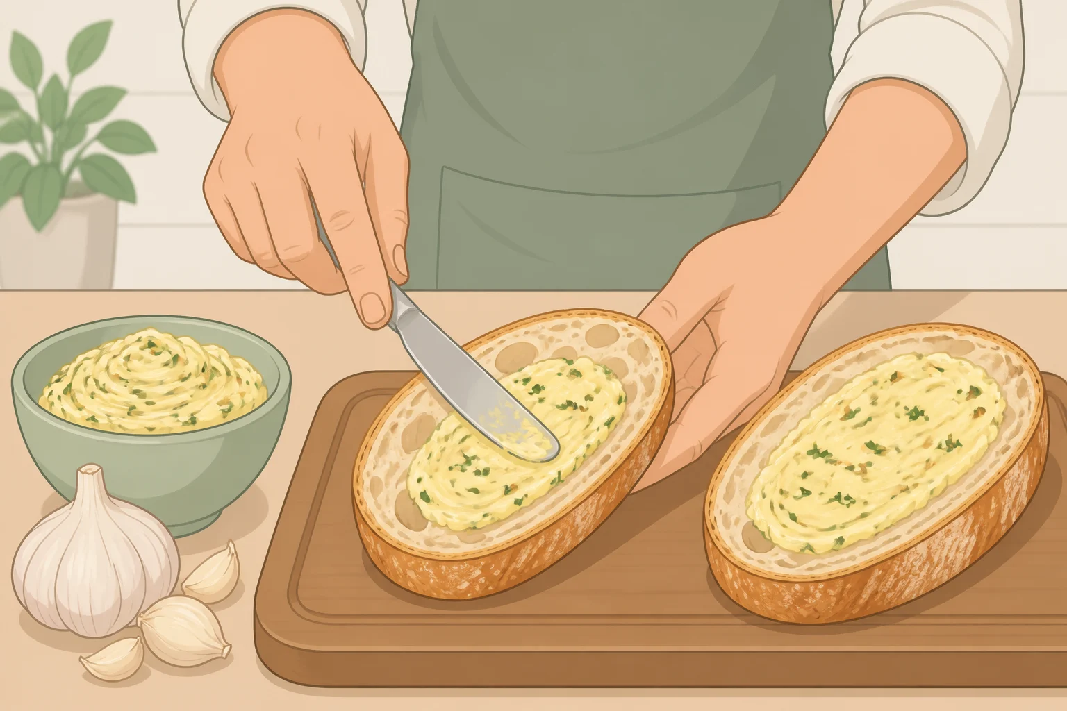 A halved artisan loaf with garlic butter made from toasted garlic spread evenly across both cut sides for how to make garlic bread with toasted garlic