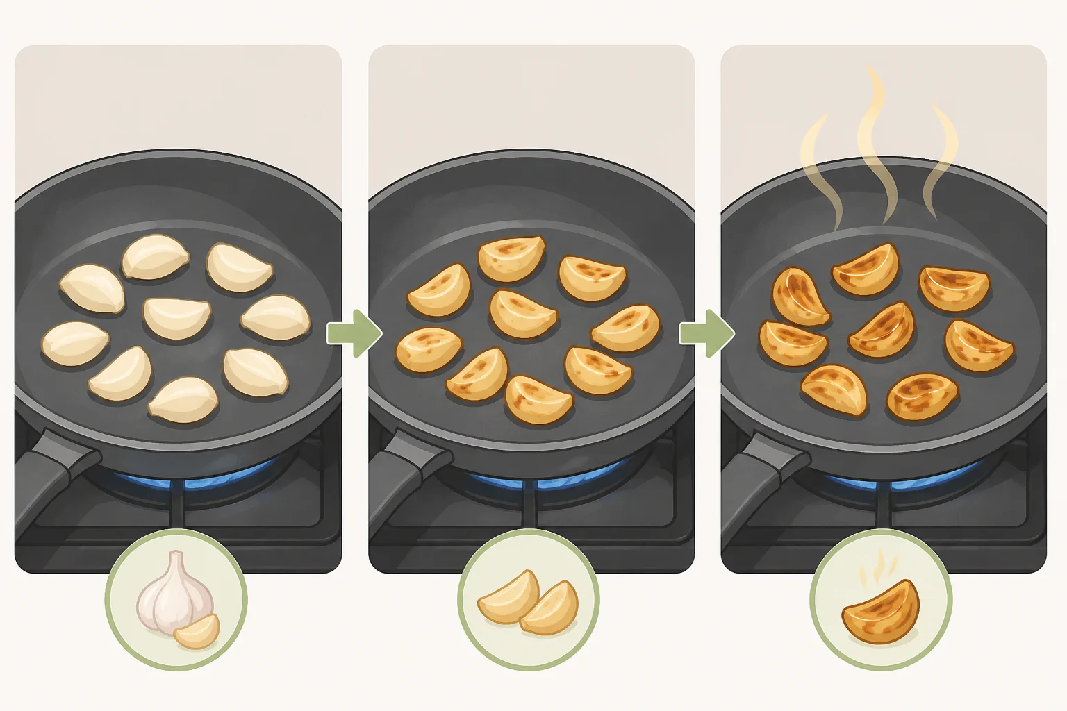 Dry-toasted garlic cloves in a dry skillet over medium heat, with skins deepening in color and getting fragrant before peeling for garlic bread