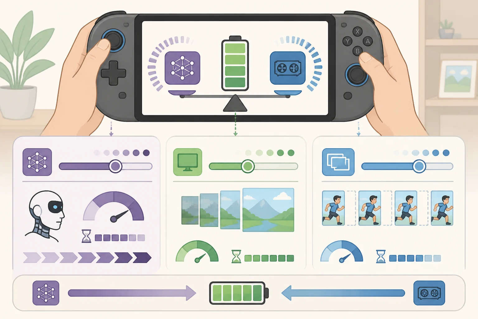 Illustration of a handheld performance budget balancing RDNA 5 GPU compute, ML throughput needs, and frame-generation latency/power cost for PS6 handheld PSSR 3.0 support
