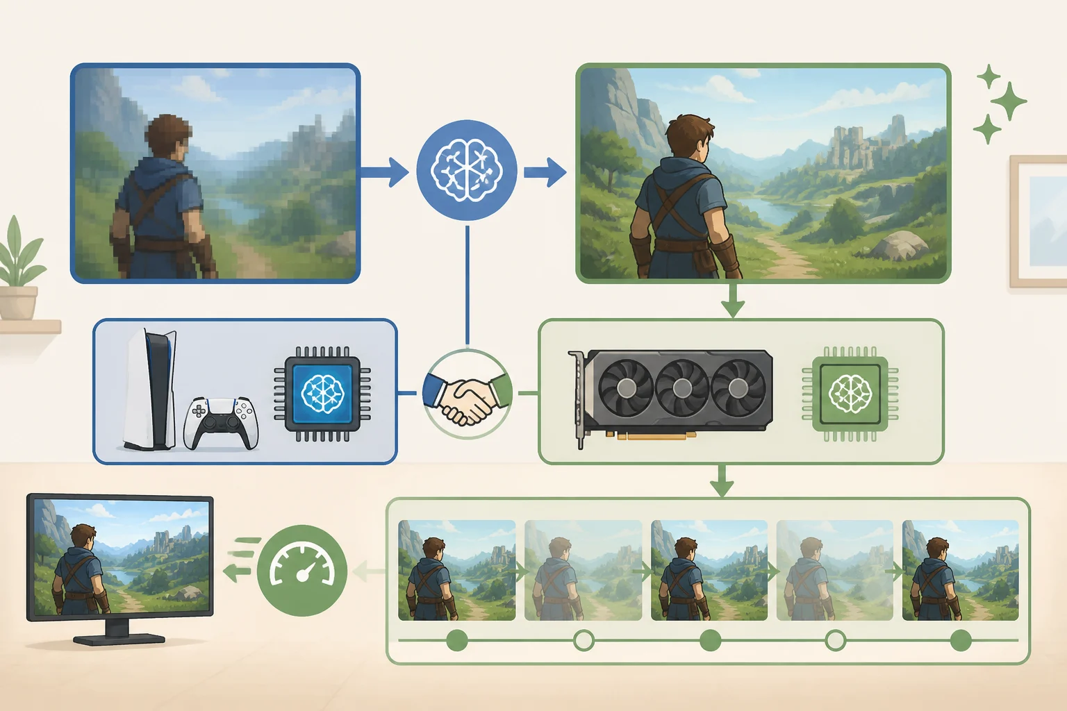Flowchart illustrating Sony PSSR AI upscaling on PS5 Pro linked with AMD FSR Redstone Upscaling and FSR frame generation via the Project Amethyst partnership