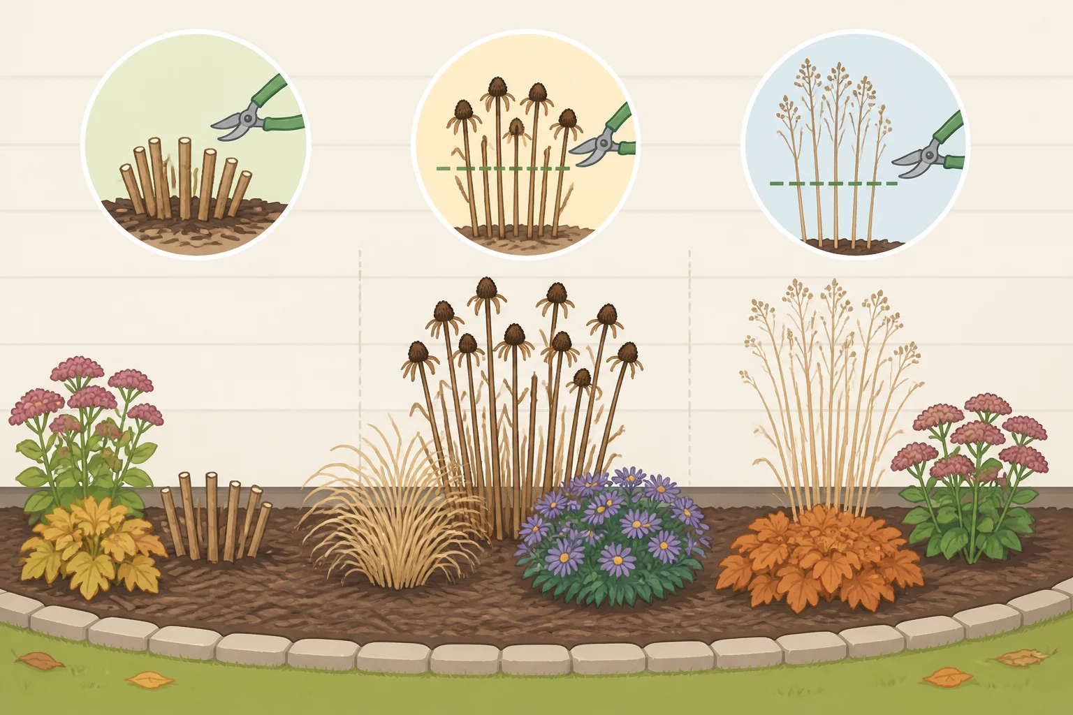 Illustration comparing fall perennial cutback choices—some stems left standing and some trimmed to 6 to 18 inches—so readers can decide whether you should cut back perennials in the fall