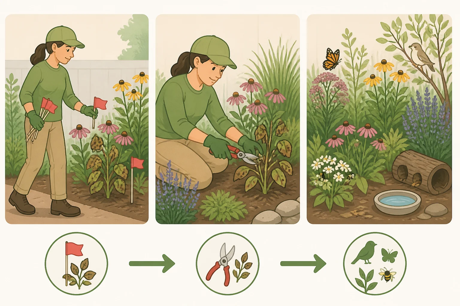 Infographic of a fall garden cleanup decision process: flag diseased plants, trim hostas/peonies/irises/lilies appropriately, partially cut healthy stems, and keep leaf piles loose