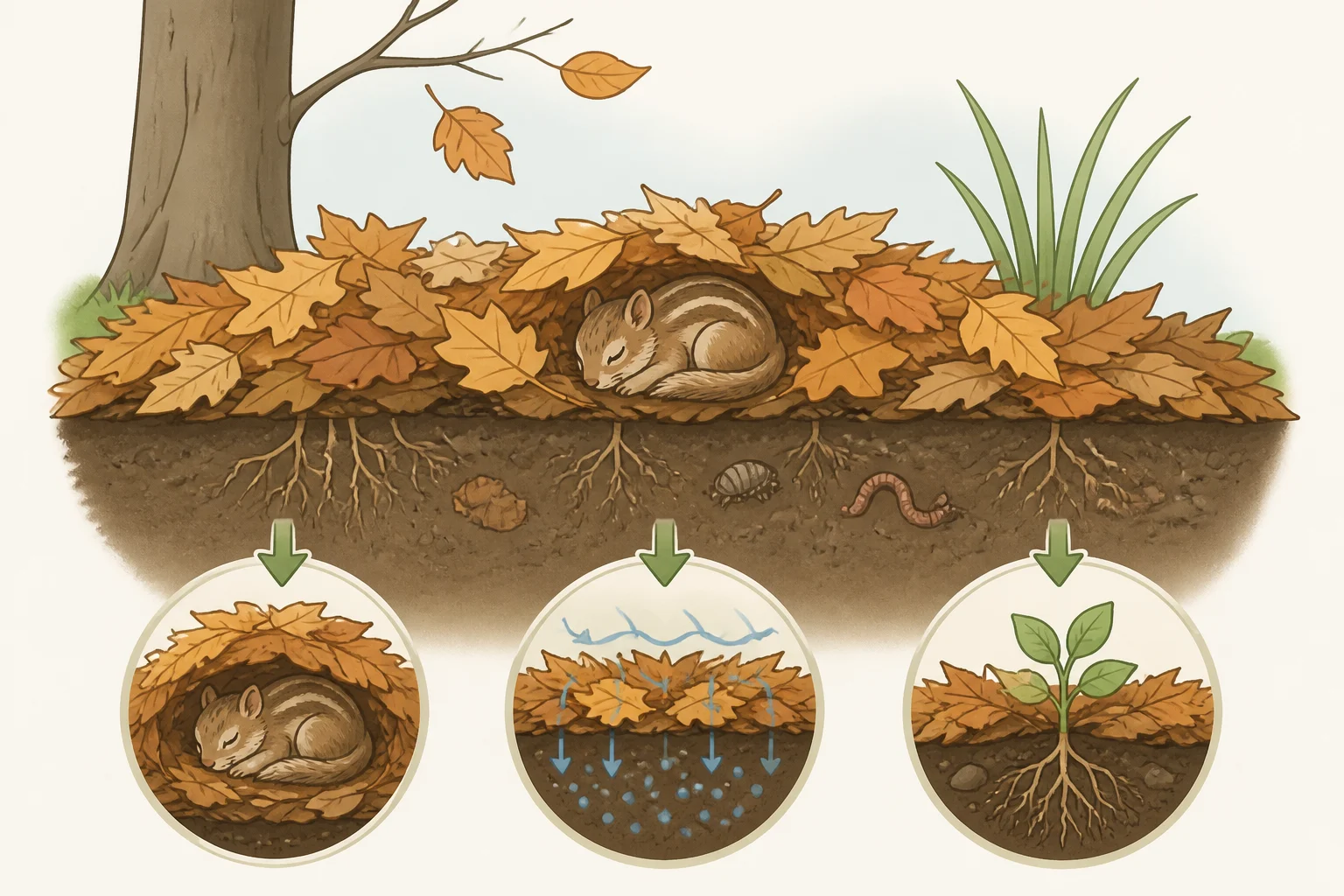 Illustration of whole leaf litter insulating the ground, providing overwintering cover for toads and frogs, and supporting decomposition for soil health