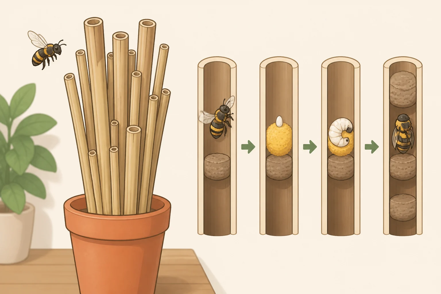 Diagram of a native bee overwintering inside hollow perennial stems and pithy plant stalks left standing through winter
