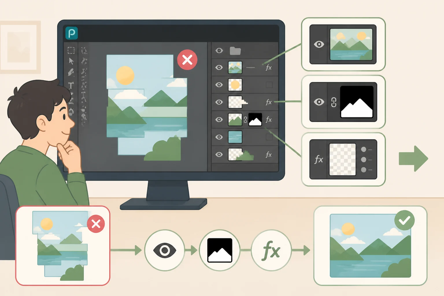 Illustration of Photopea's Layers panel with the layer stack highlighted while checking text and effects after a PSD import mismatch