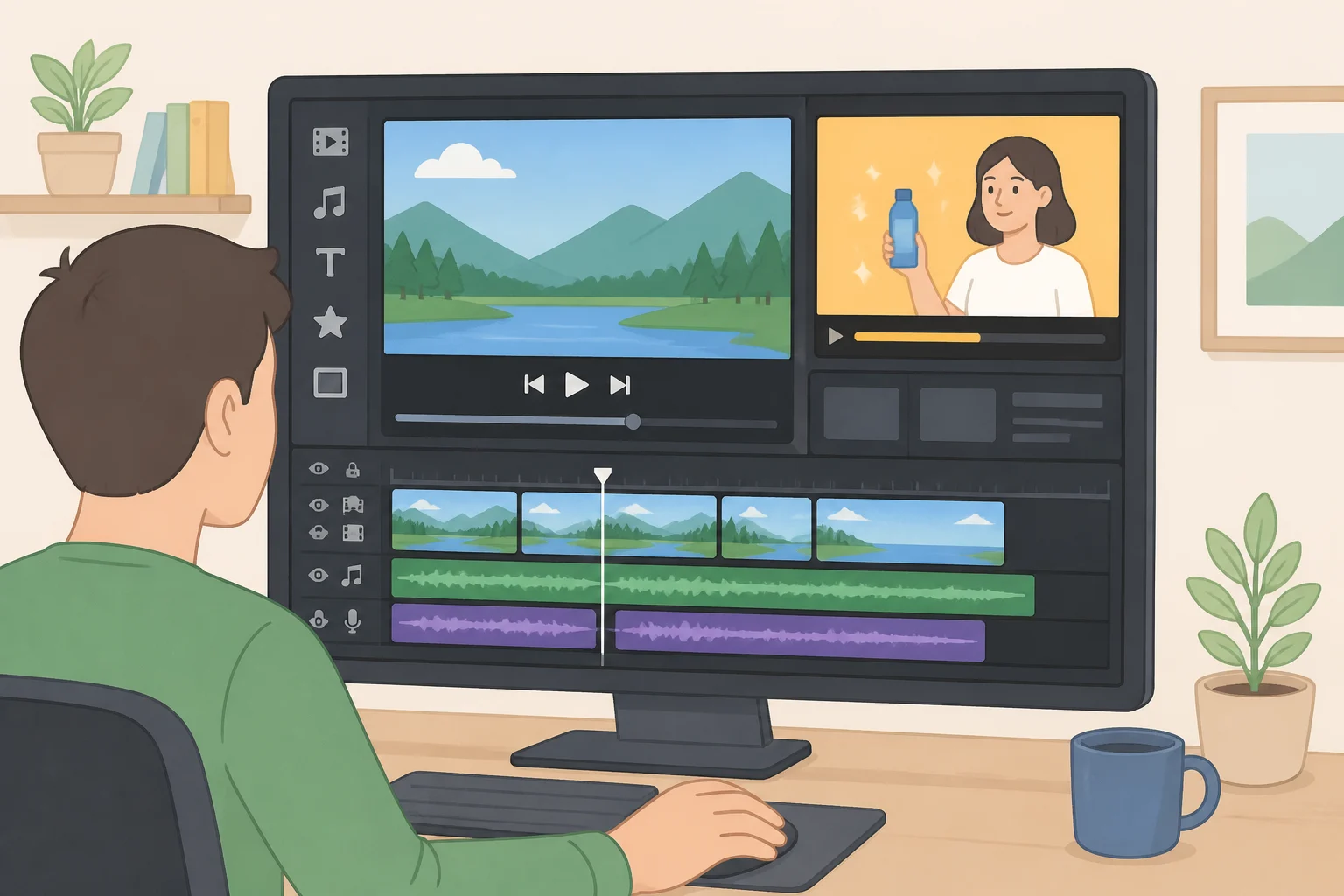 Illustration of the Photopea workspace showing the free-plan editing area with video ads running on the side