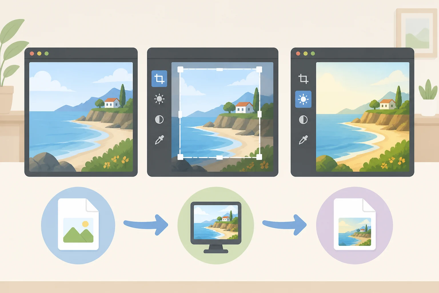 Illustration of opening a flat JPG in Photopea, making a quick crop/color adjustment, and exporting the finished PNGhow to use Photopea as a free Photoshop alternative for simple edits