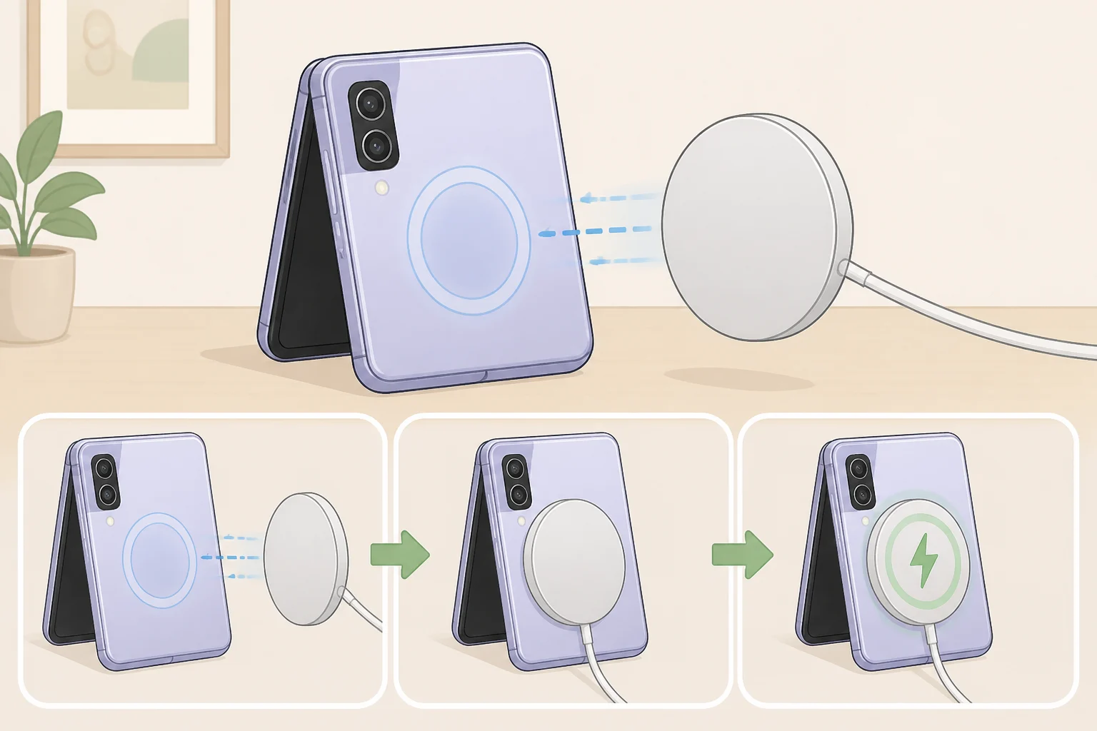 Illustration of the iPhone Duo using MagSafe and Qi2 magnetic wireless charging with the phone snapped onto a charging accessory