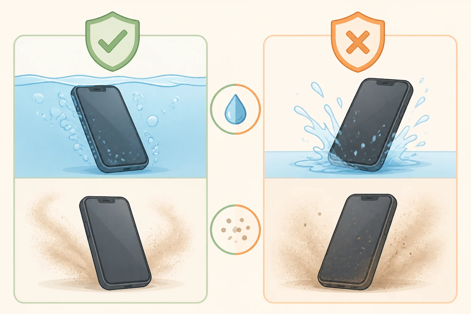 Comparison graphic of iPhone Duo vs Galaxy Z Fold 8 dust and water protection showing IP68 up to 6 meters for 30 minutes versus the Fold 8's lower IP48 rating