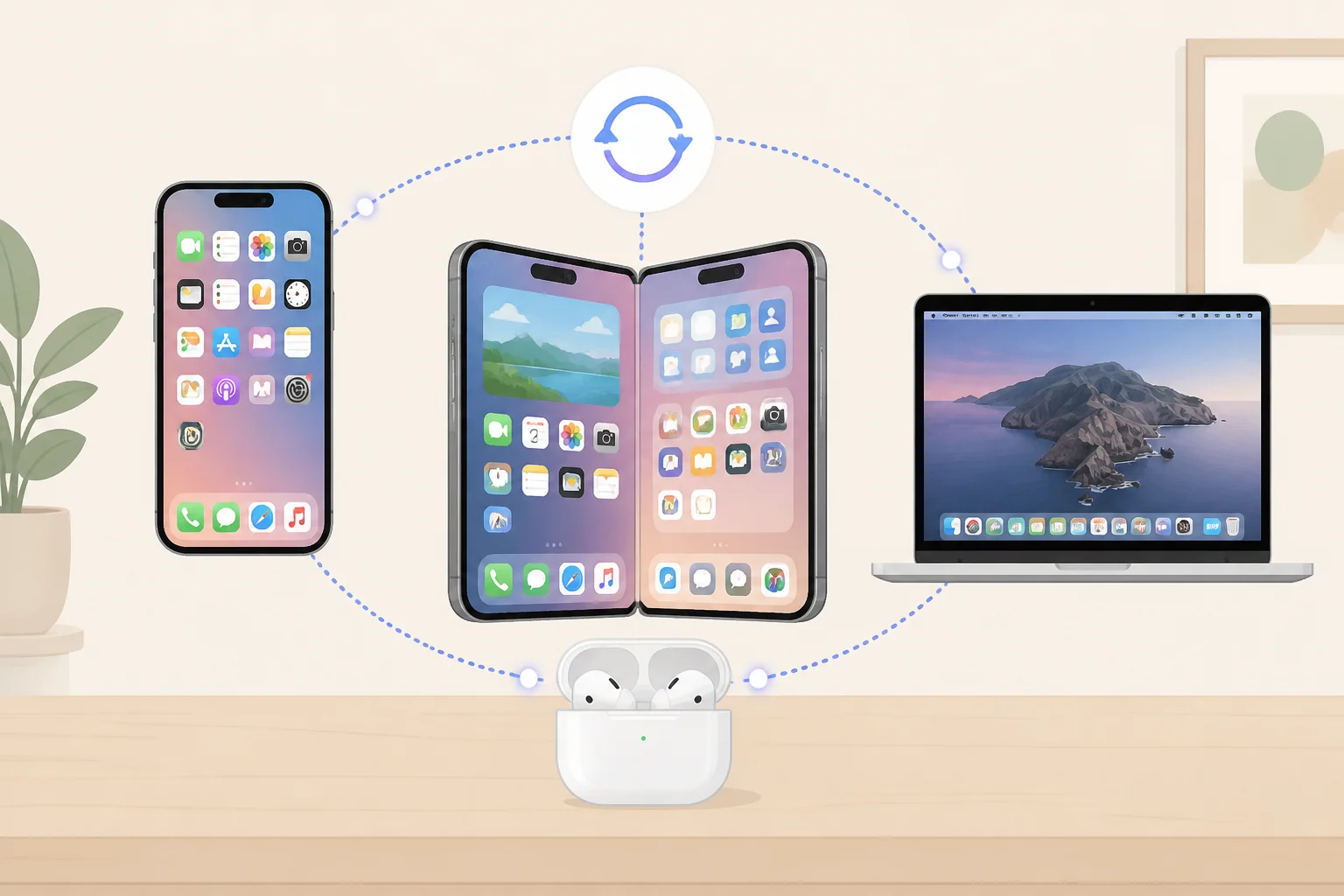 Illustration of the iPhone Duo seamlessly integrating with an existing iPhone, Mac, and AirPods setup to highlight ecosystem continuity benefits