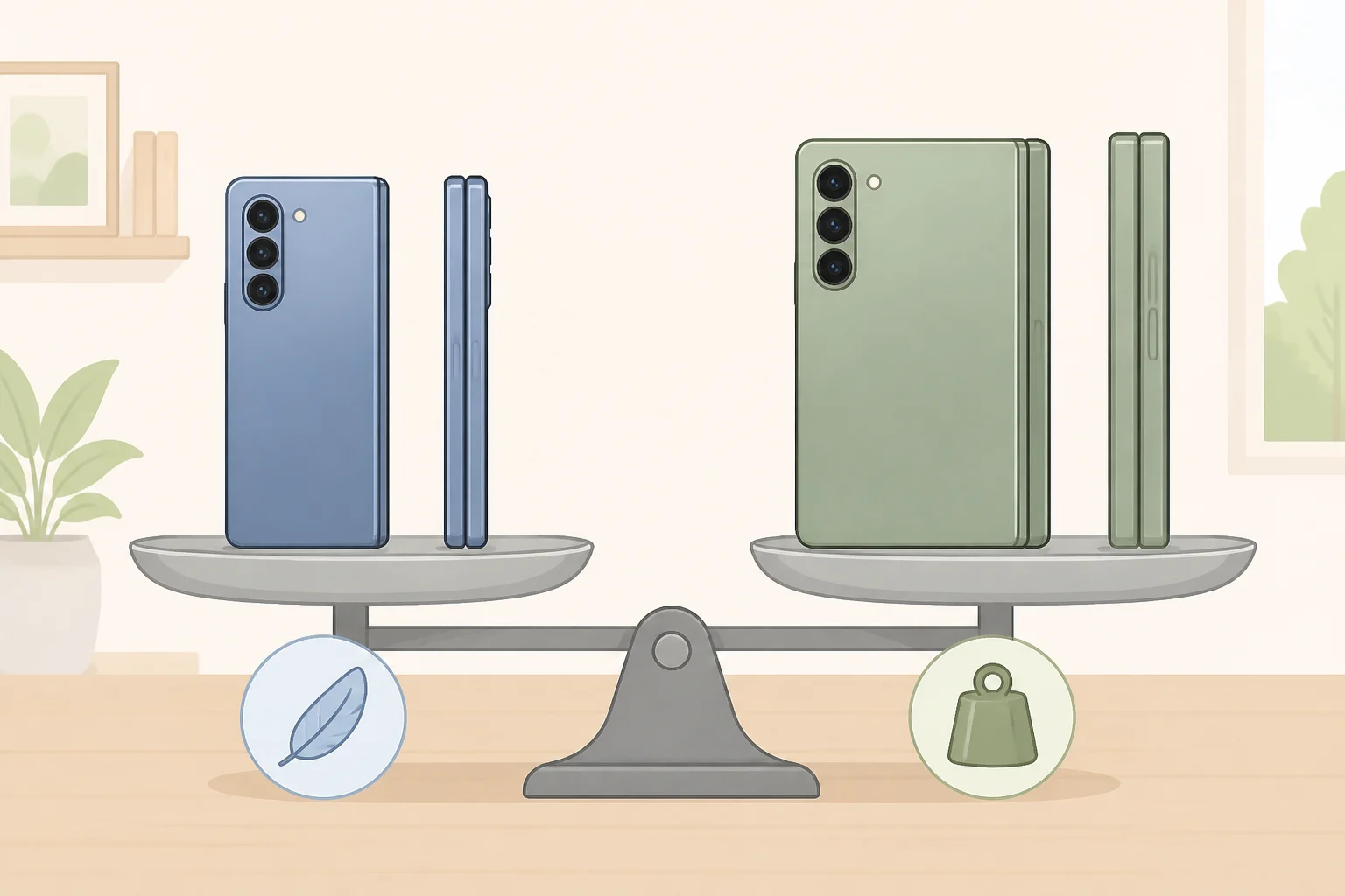 Side-by-side comparison graphic showing the Galaxy Z Fold 8 being thinner and lighter than the iPhone Duo in open and closed states