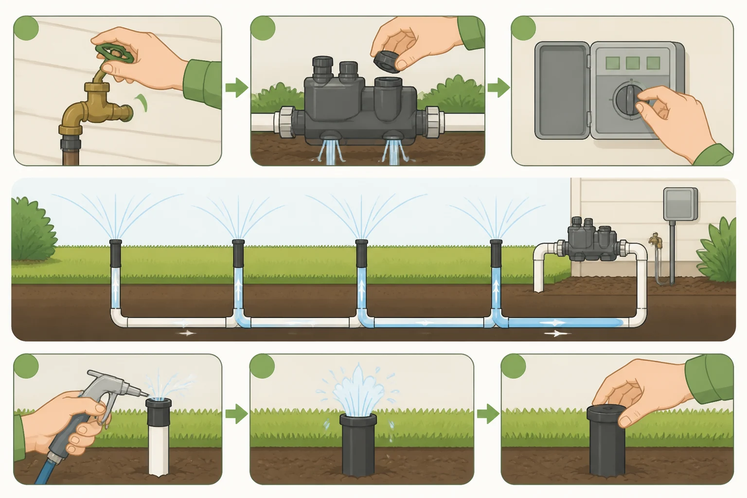 Illustration of a homeowner draining and blowing out an irrigation system to prevent freeze damage and cracked pipes over winter