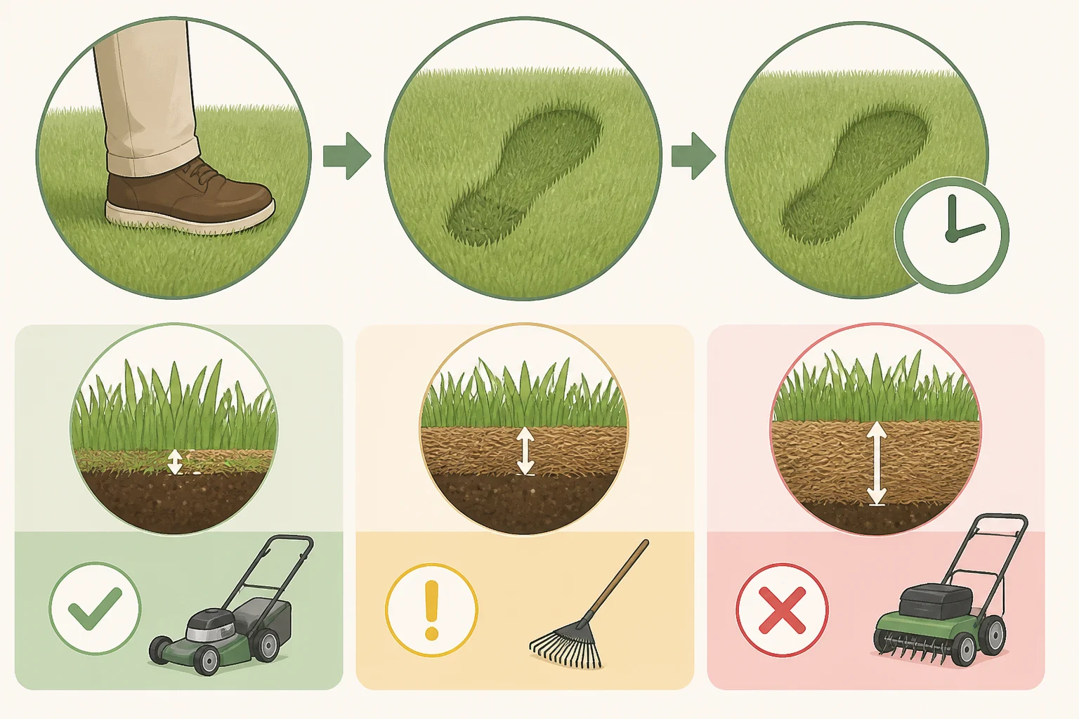 A close-up diagram of a footprint that doesn’t spring back and a cross-section showing a thatch layer thicker than half an inch above the soil