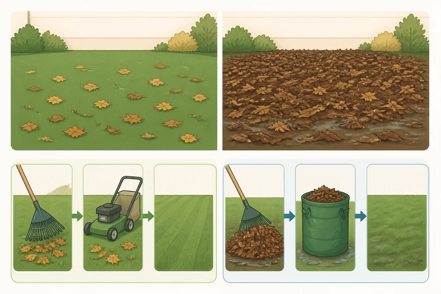 A fall yard scene comparing thin dry leaves that can be mulched with a mower versus thick soggy leaf cover that must be raked off for fall lawn care tips